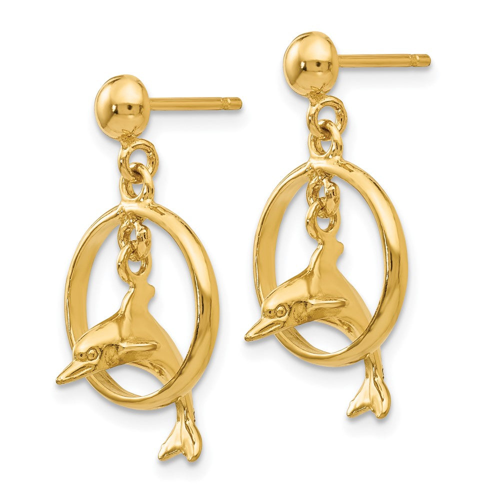 Gold Polished 3-D Dolphin Jumping Through Hoop Dangle Earrings - Model H1132 - Charlie & Co. Jewelry