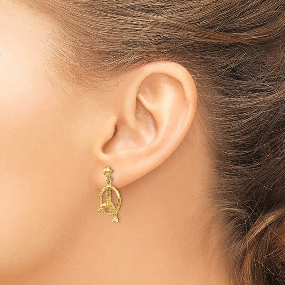 Gold Polished 3-D Dolphin Jumping Through Hoop Dangle Earrings - Model H1132 - Charlie & Co. Jewelry