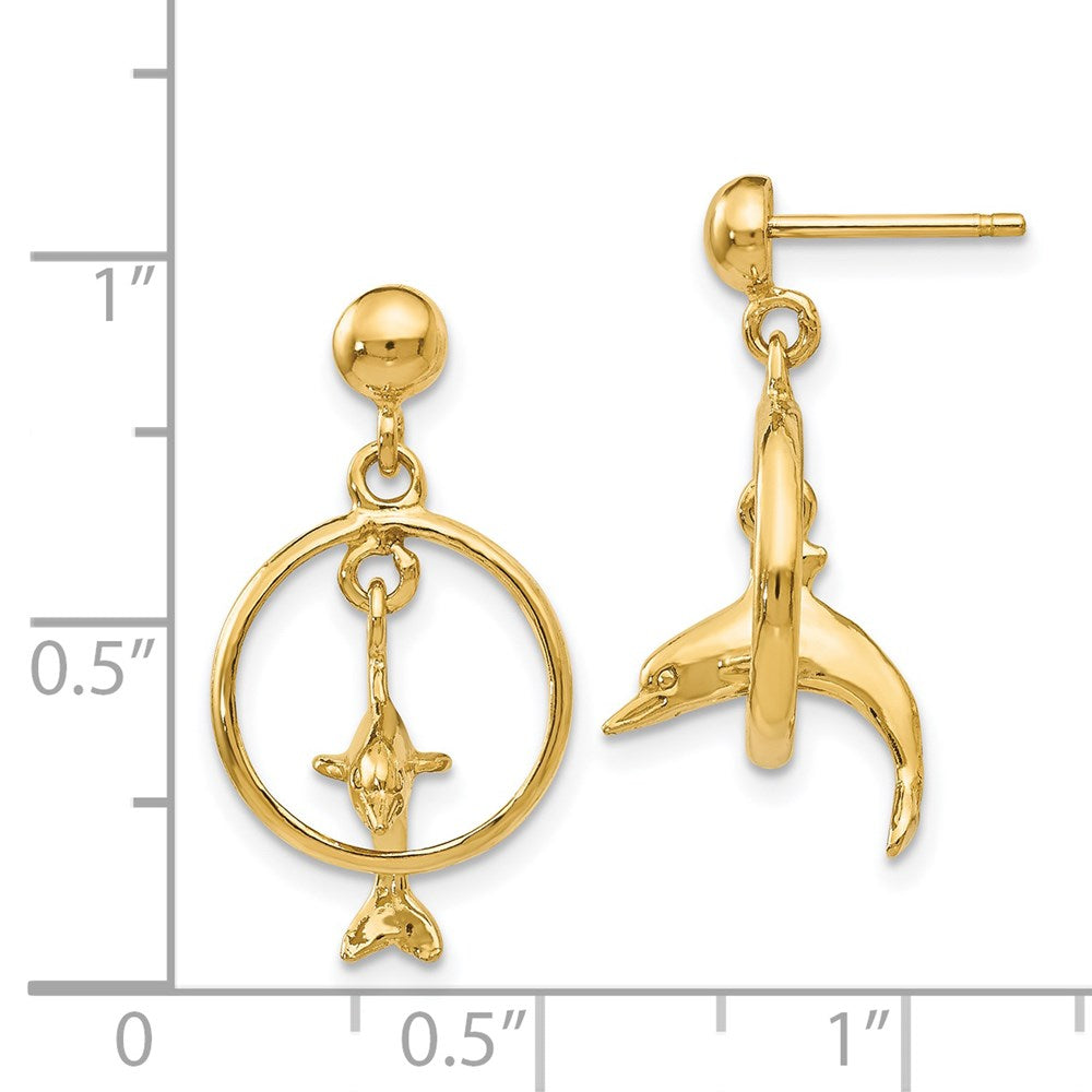 Gold Polished 3-D Dolphin Jumping Through Hoop Dangle Earrings - Model H1132 - Charlie & Co. Jewelry