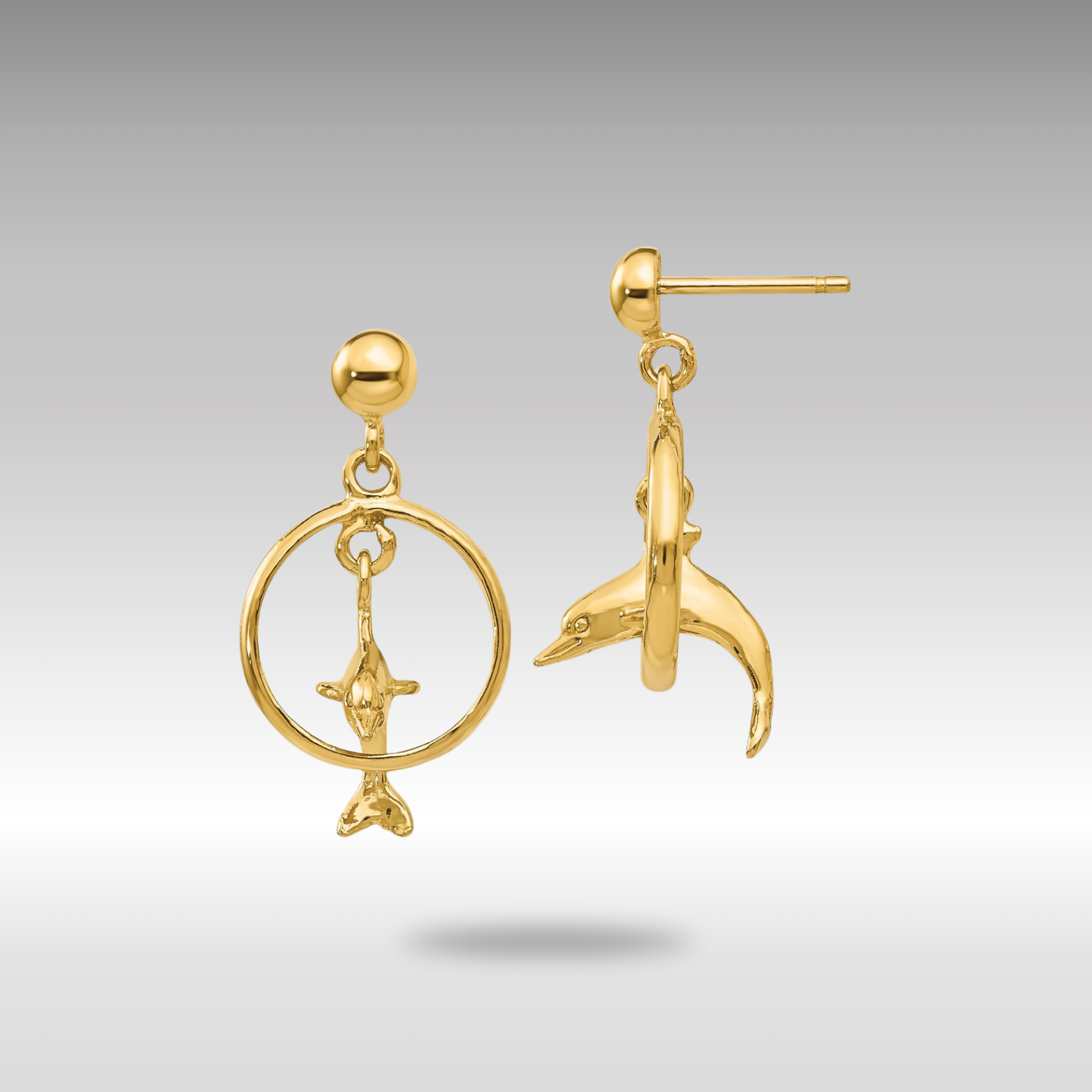 Gold Polished 3-D Dolphin Jumping Through Hoop Dangle Earrings - Model H1132 - Charlie & Co. Jewelry