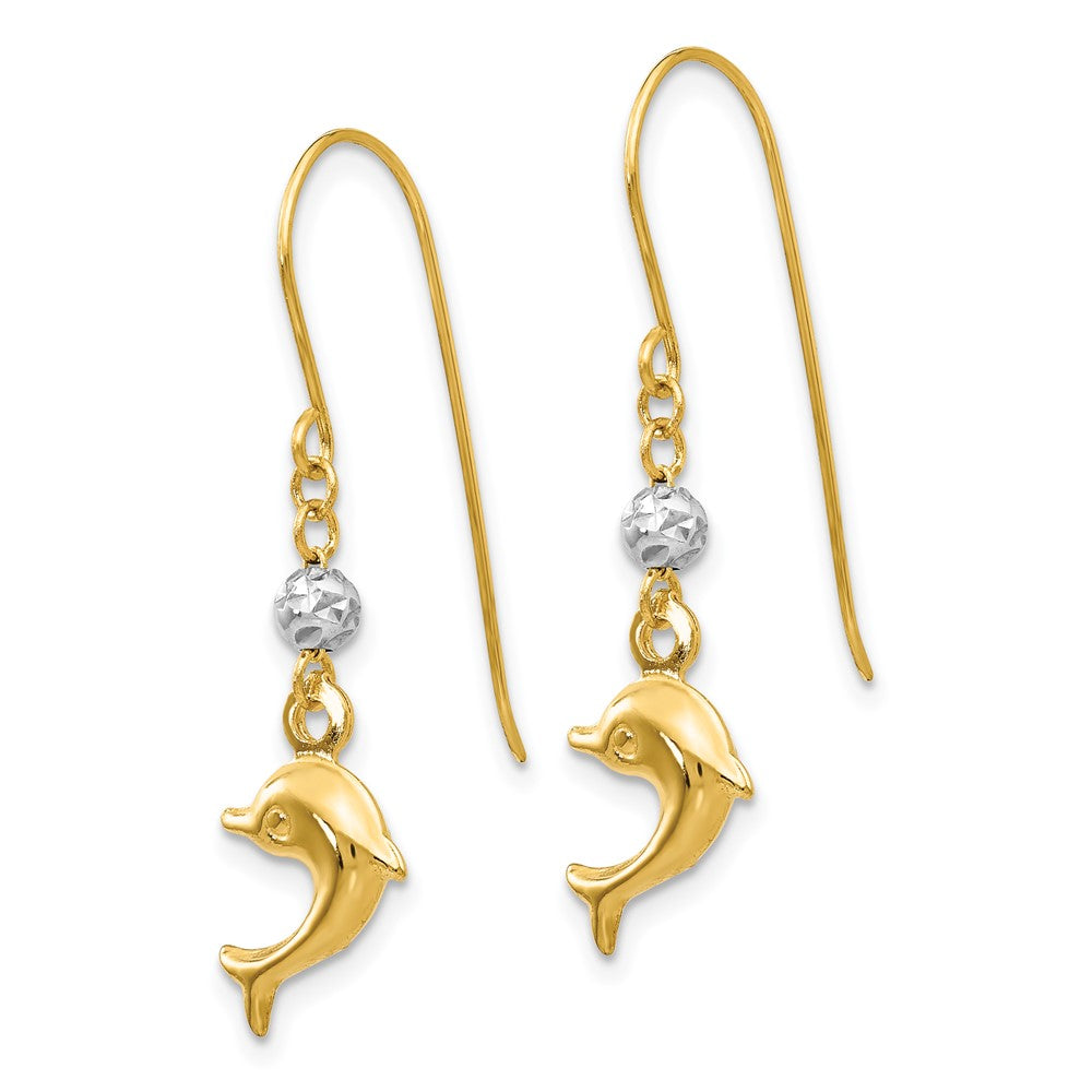 Gold Two Toned Puffed Dolphin Shepherd Hook Earrings - Model H1133 - Charlie & Co. Jewelry