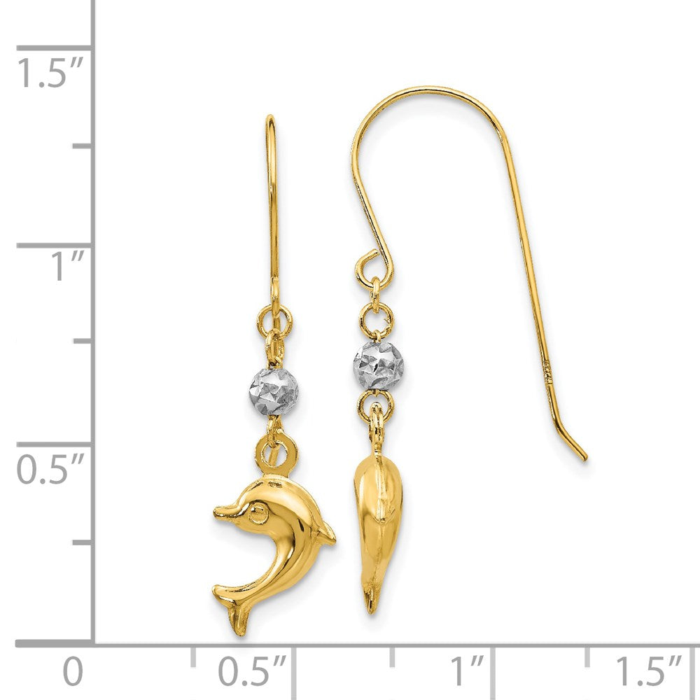 Gold Two Toned Puffed Dolphin Shepherd Hook Earrings - Model H1133 - Charlie & Co. Jewelry