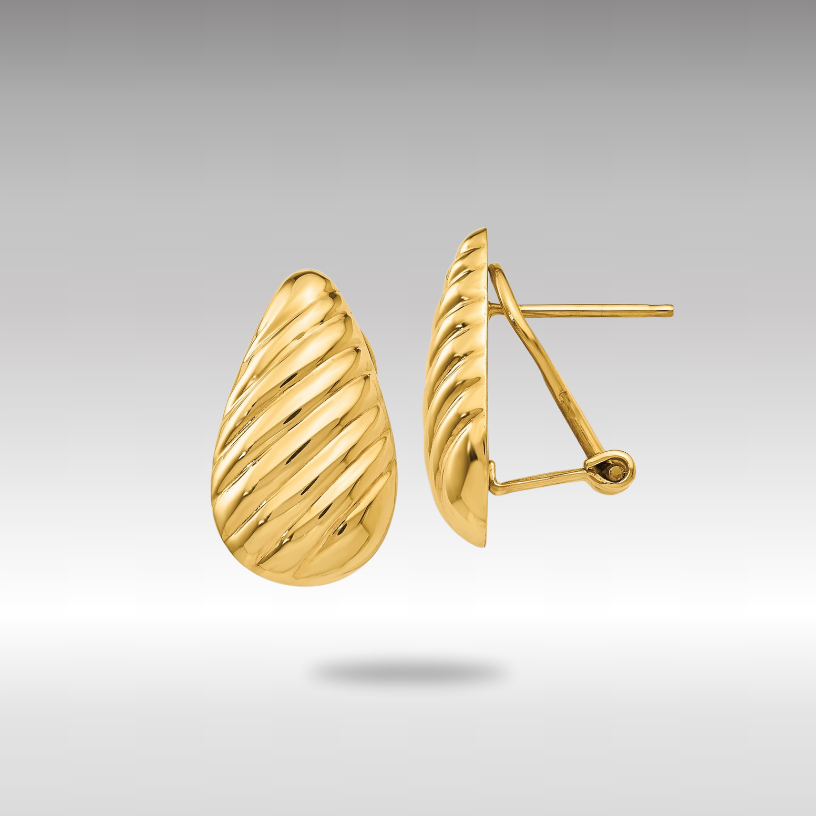 Gold Polished Diagonal Teardrop Omega Back Post Earrings - Model H568 - Charlie & Co. Jewelry