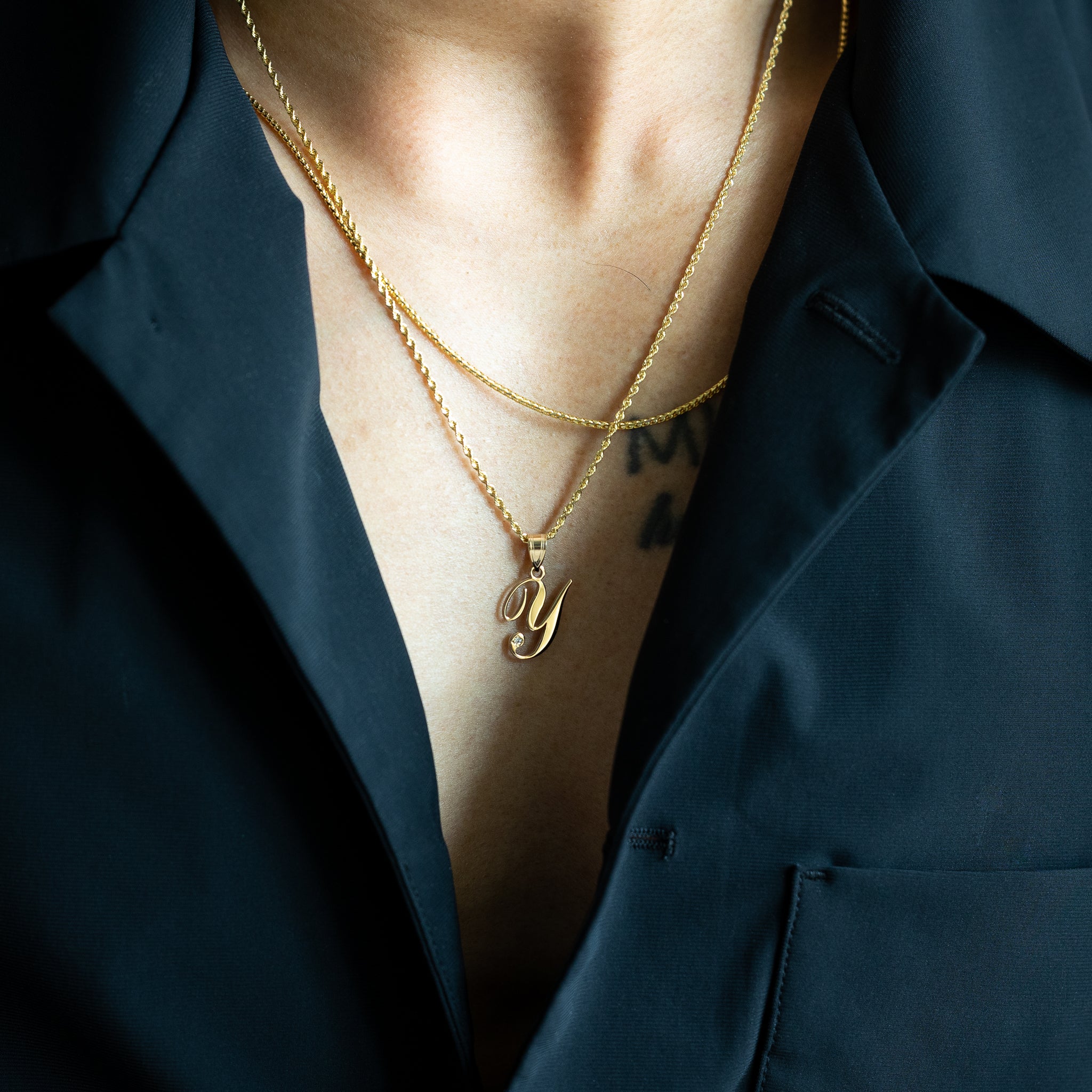 14K Gold Script Letter Y Initial Pendant with Diamond - Model YC252Y
