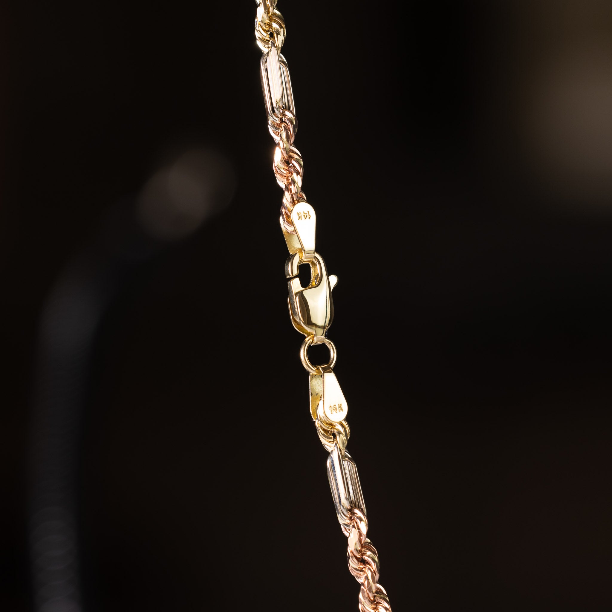 14k Gold 3mm Tri-Color Hollow Figaro Rope Chain - Model CH-0606