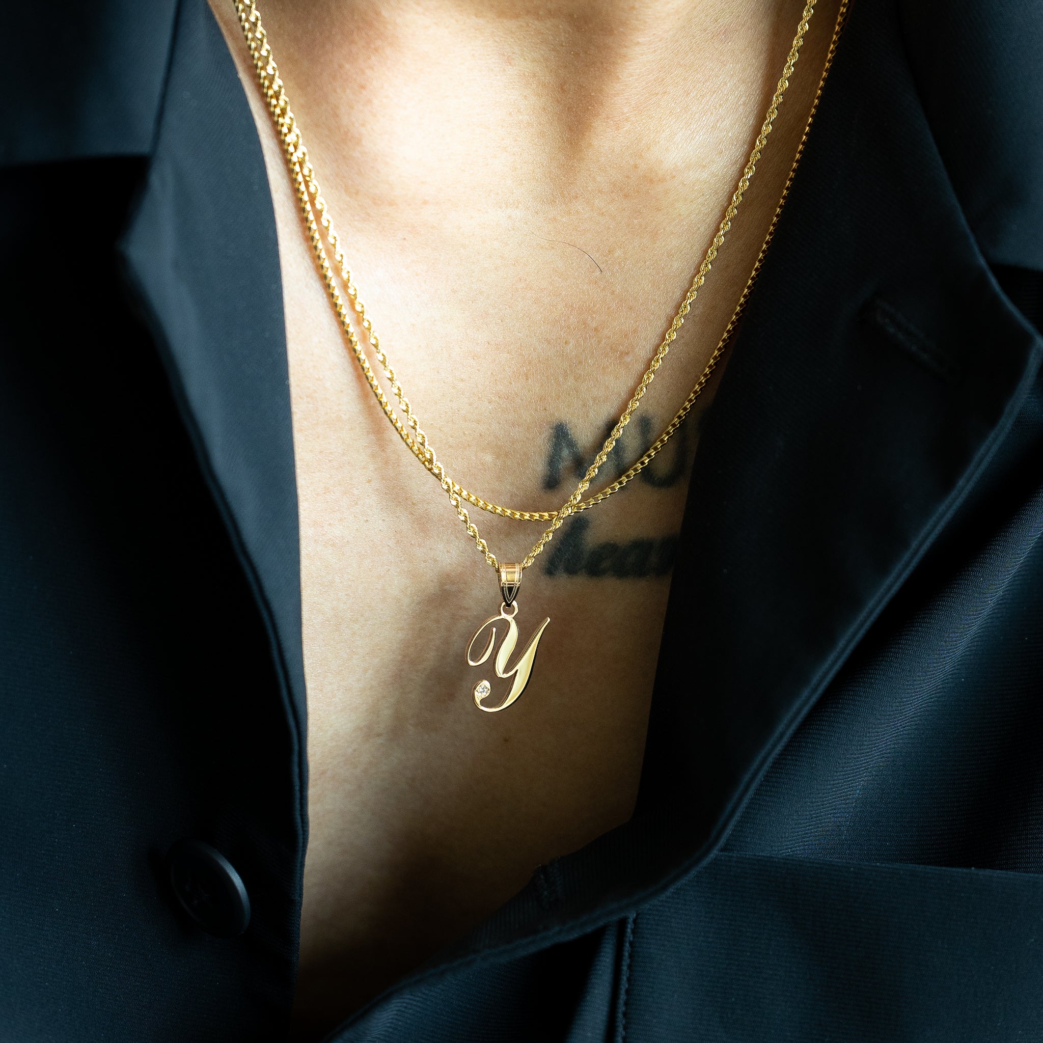 14K Gold Script Letter Y Initial Pendant with Diamond - Model YC252Y