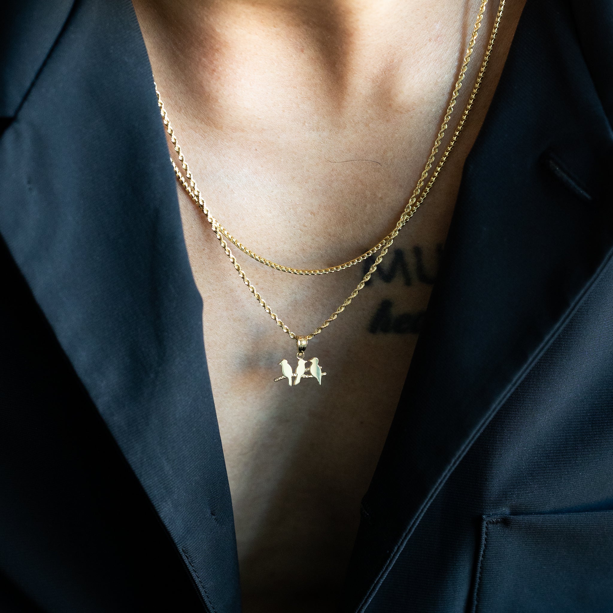 14K Gold Three Little Birds on Branch Pendant