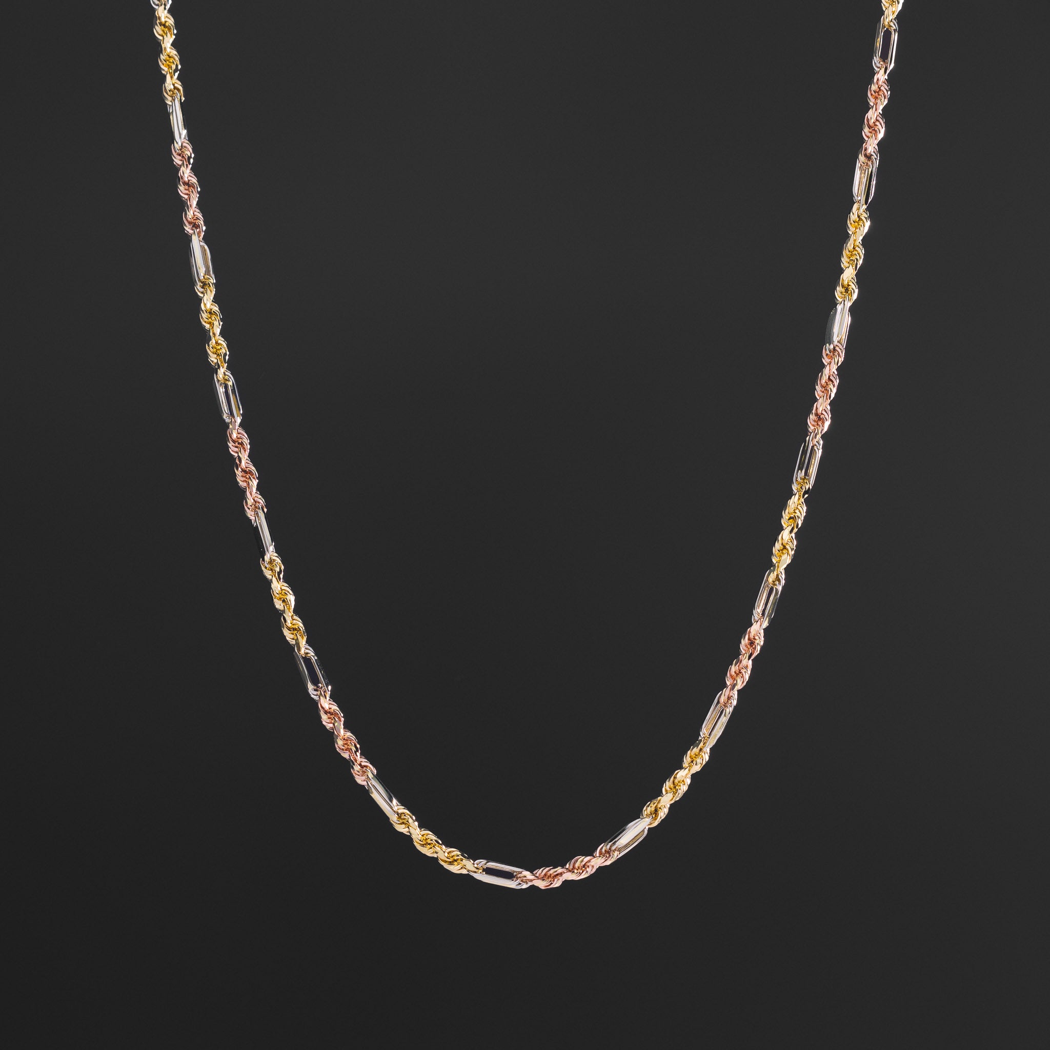 14k Gold 3mm Tri-Color Hollow Figaro Rope Chain - Model CH-0606
