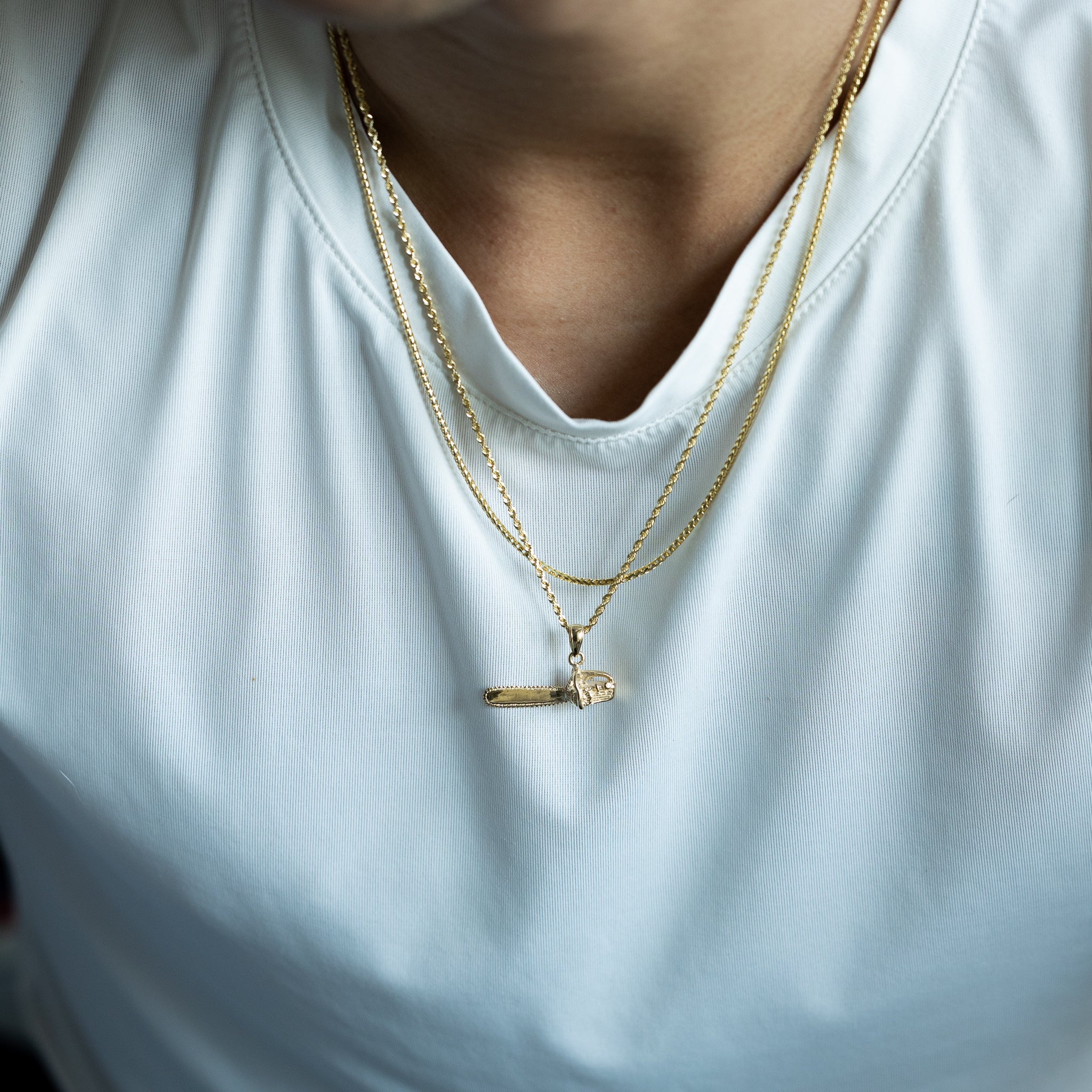 14K Gold 3D Small Chain Saw Pendant