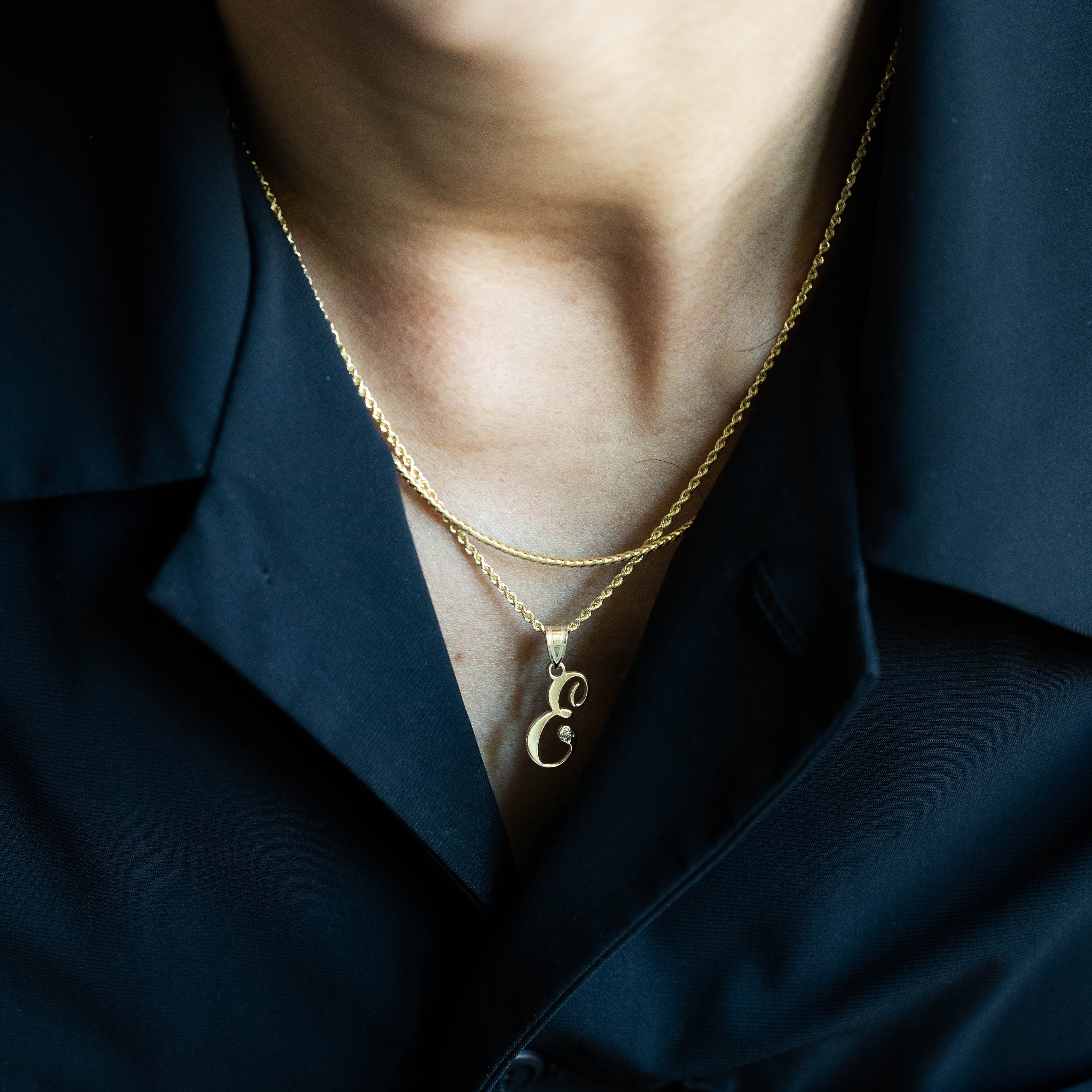 14K Gold Script Letter E Initial Pendant with Diamond - Model YC252E