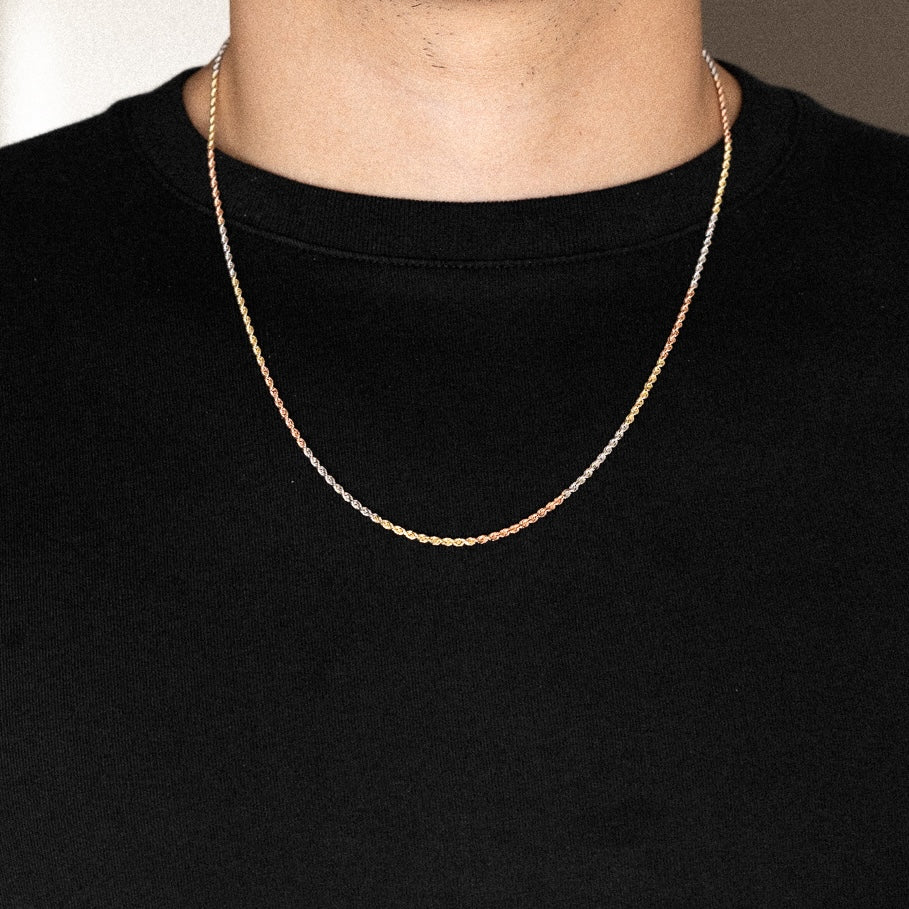 14k Gold 1.9mm Three-Tone Solid Diamond-Cut Rope Chain - Model CH-0391