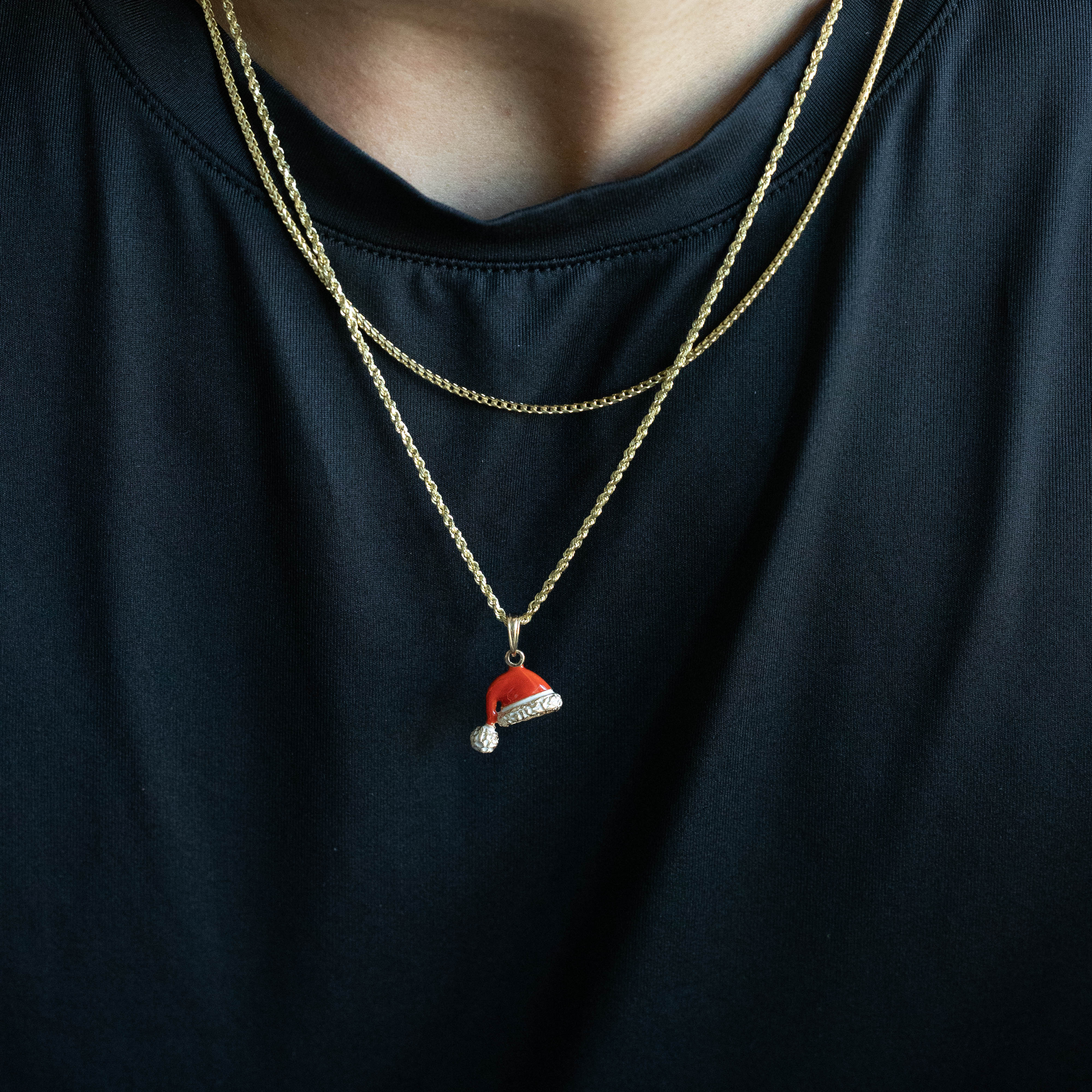 14K Gold 3D Santa Hat Pendant with Red and White Enamel