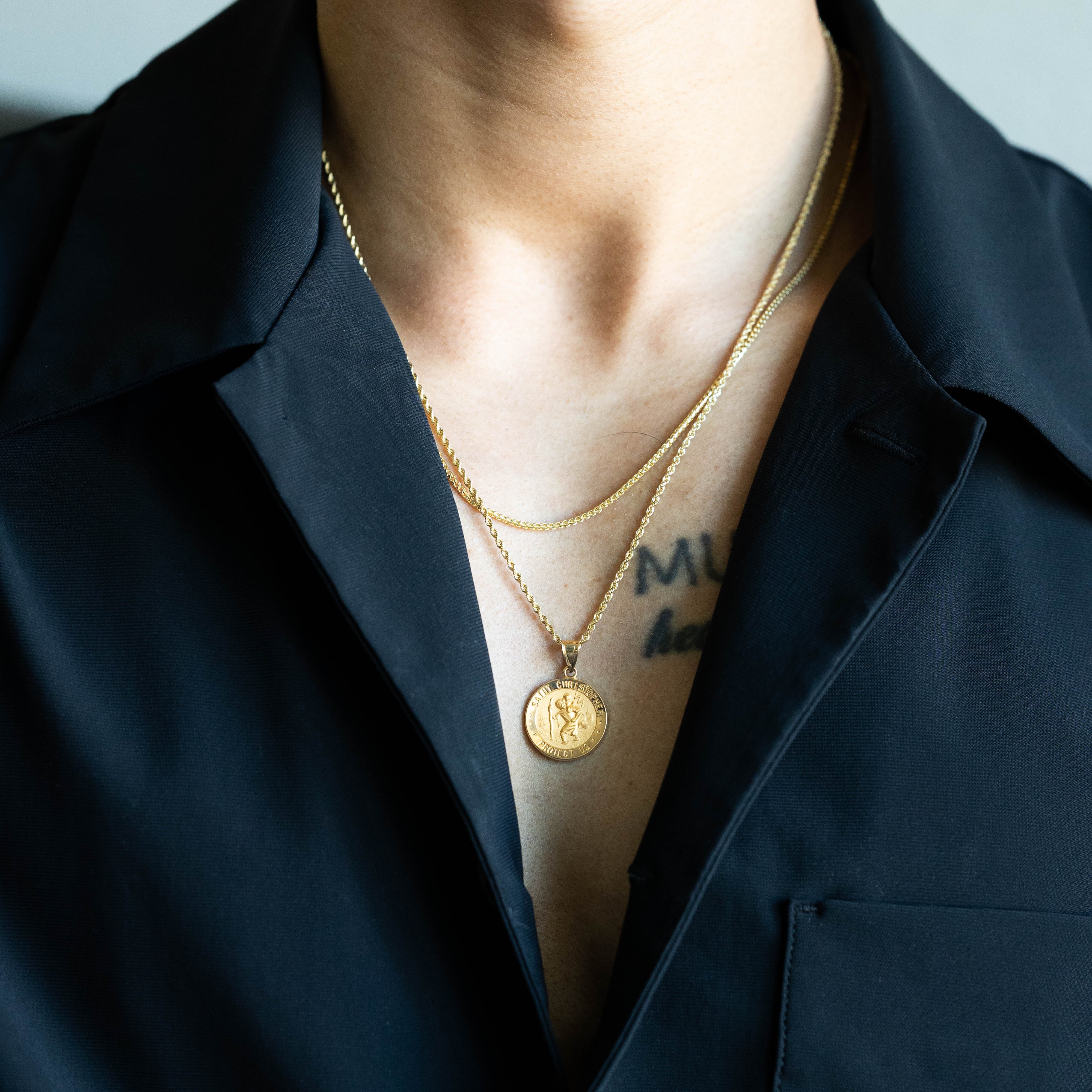 14K Gold Large Saint Christopher Hollow Medal Pendant - Model 1240 - Charlie & Co. Jewelry