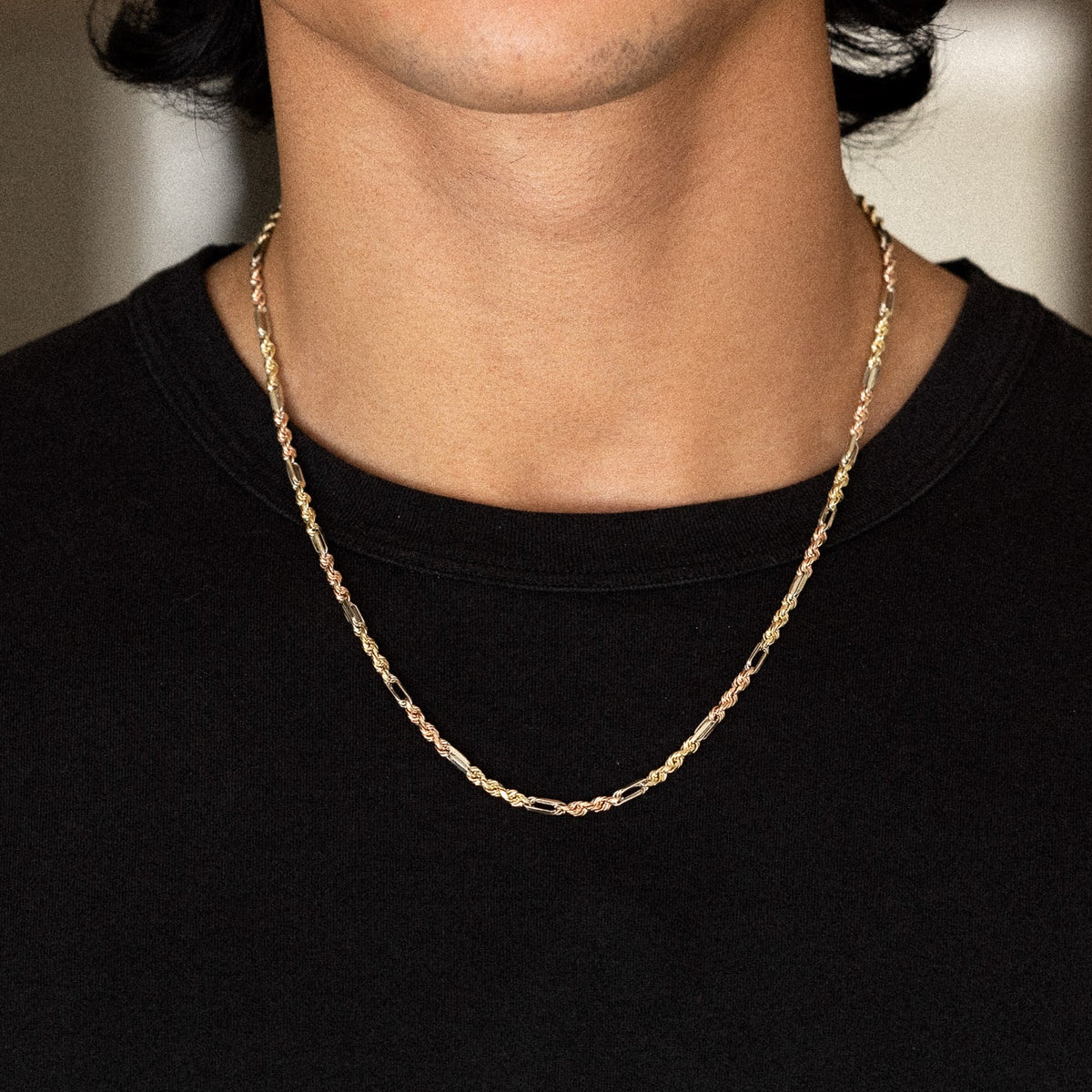 14k Gold 3mm Tri-Color Hollow Figaro Rope Chain - Model CH-0606