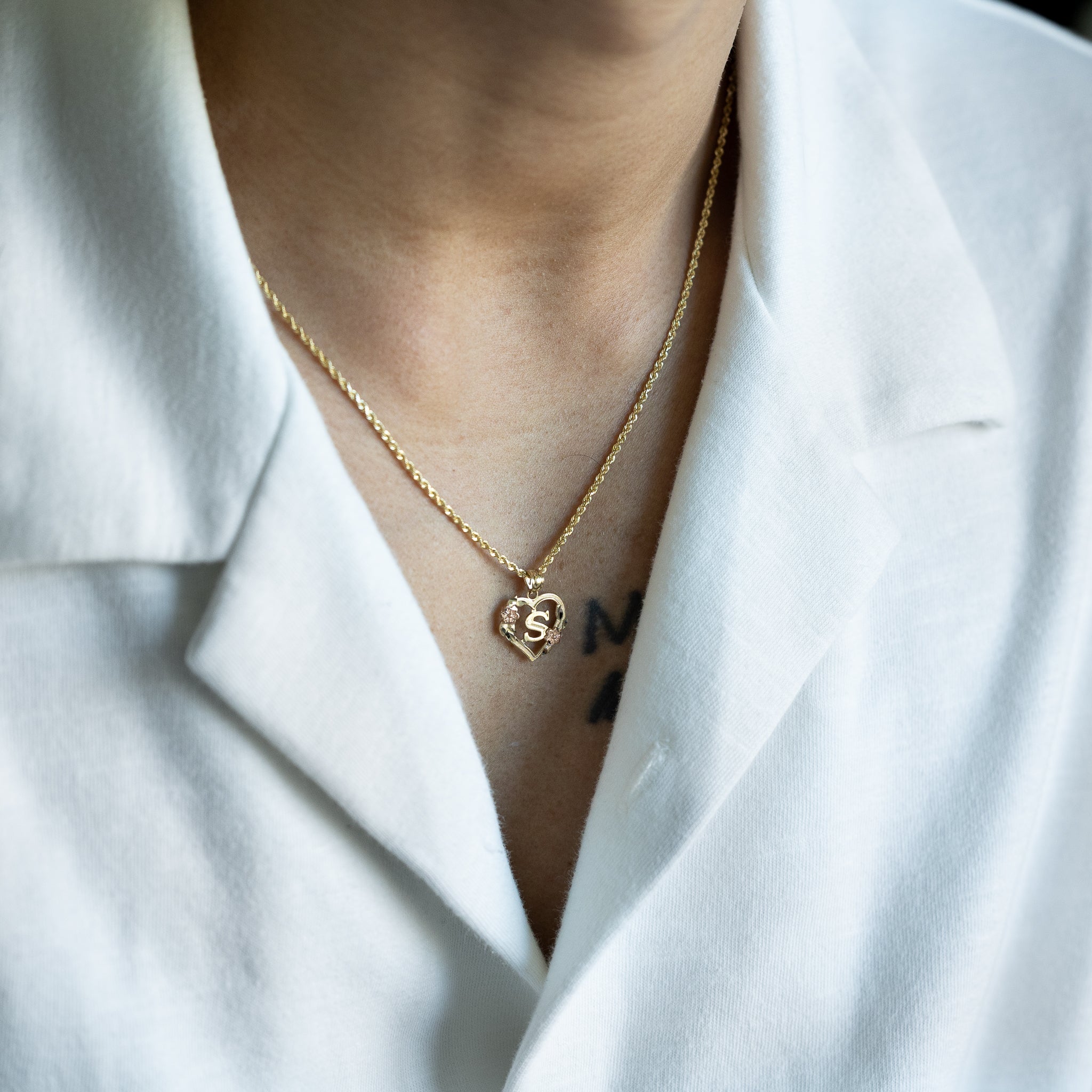 14K Gold Heart Letter S Pendant with Flowers | A-Z Pendants