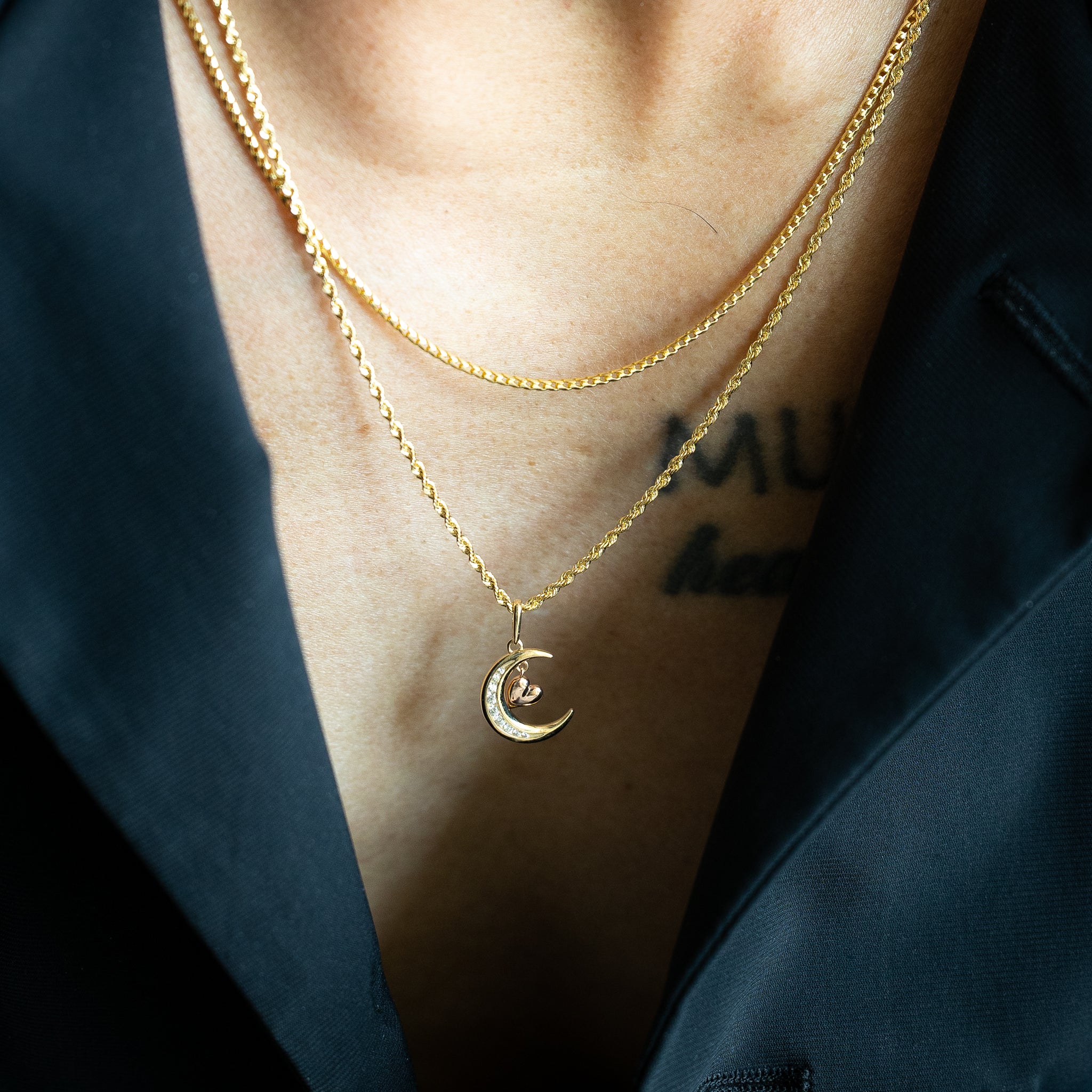 14K Gold CZ Moon Heart Pendant - Model YC1467
