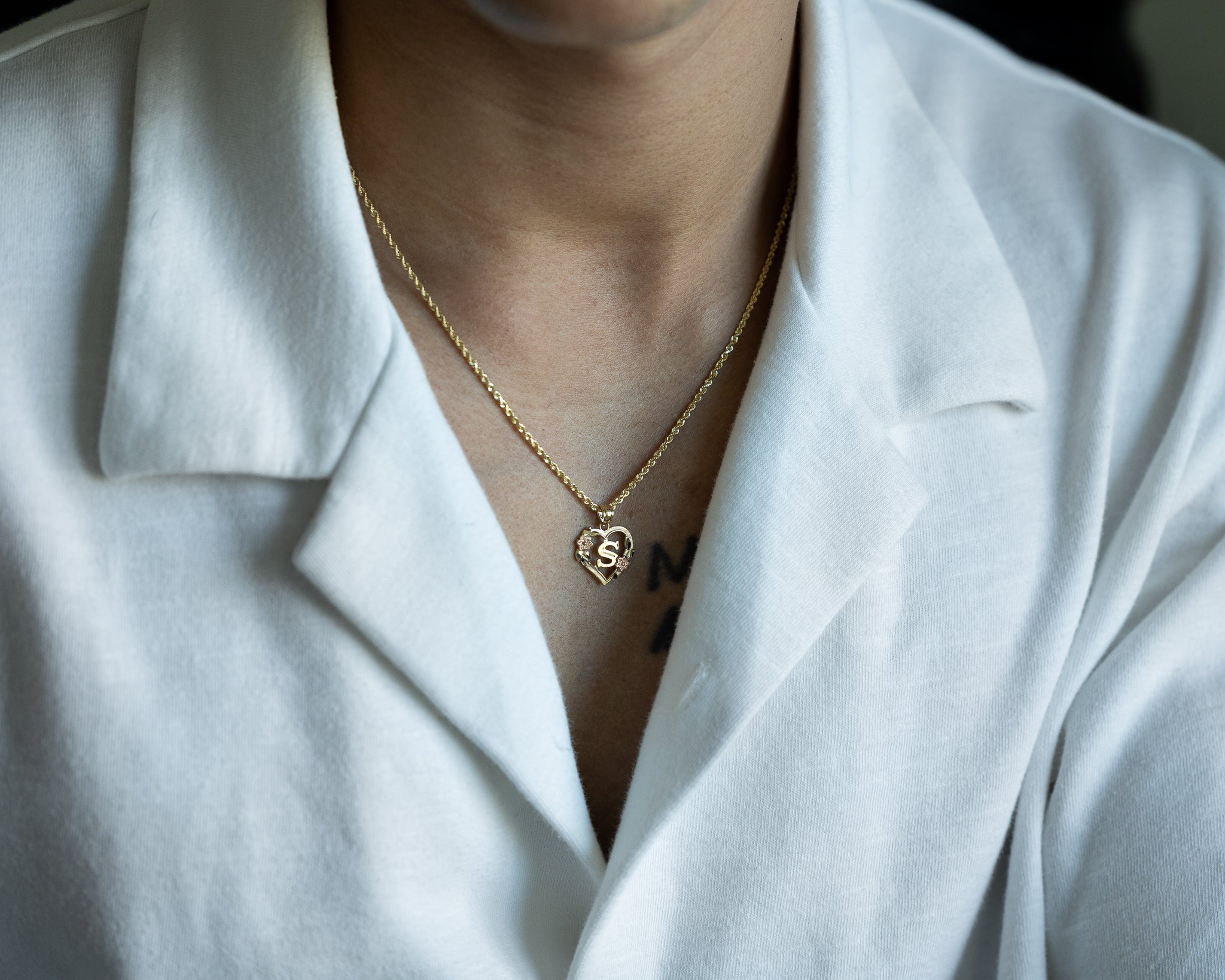 14K Gold Heart Letter S Pendant with Flowers | A-Z Pendants