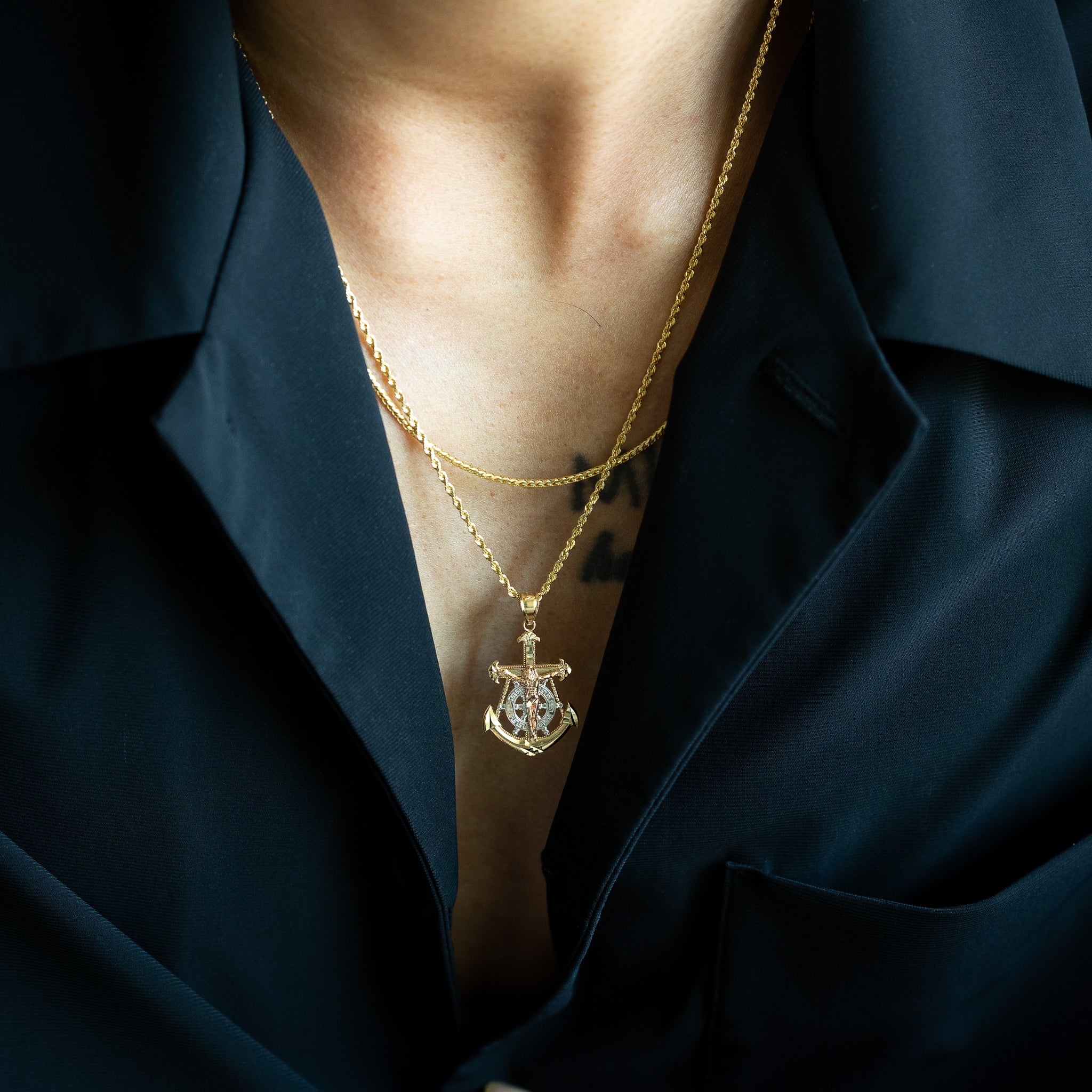 14K Gold Medium Mariner Crucifix Anchor Pendant - Model 0112