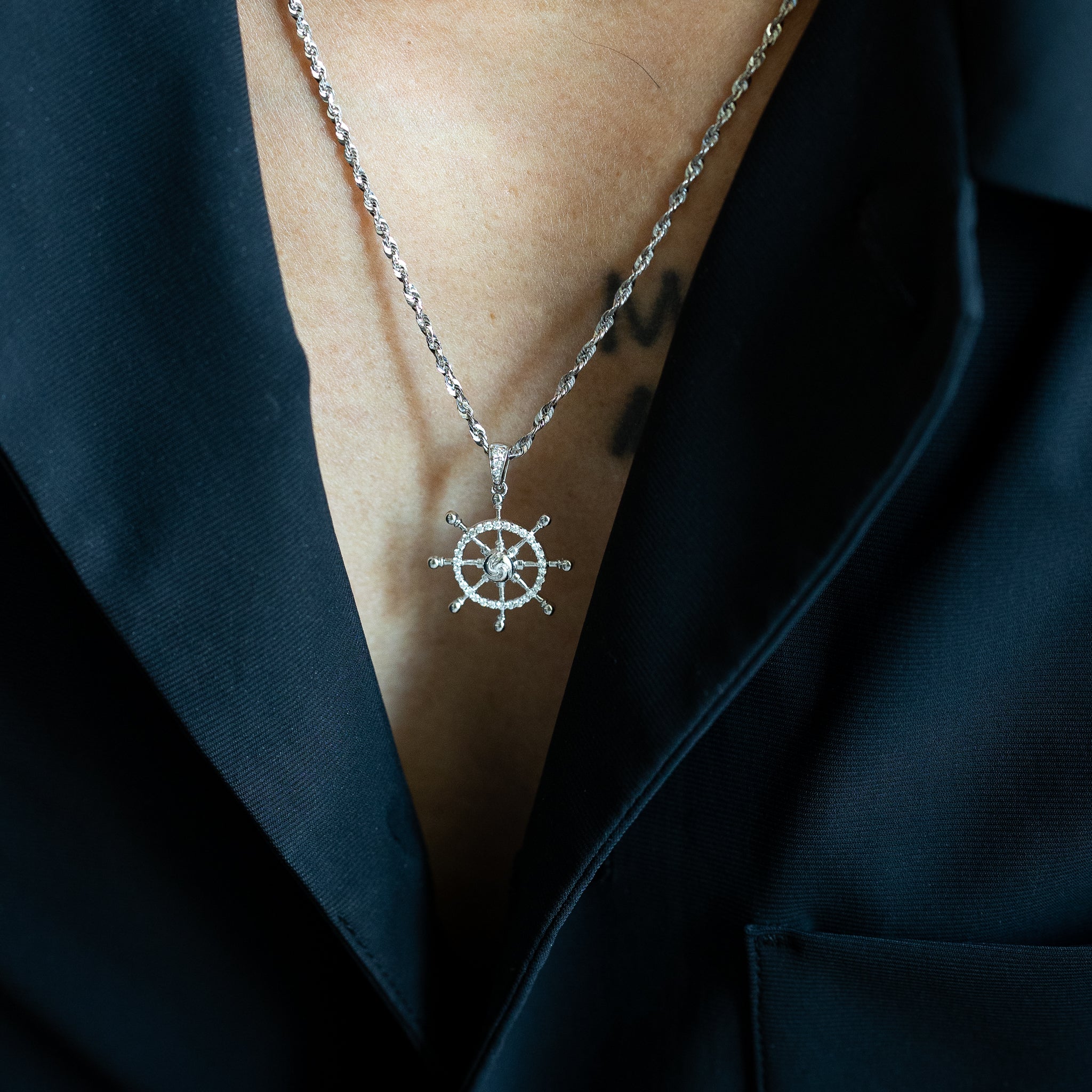 White 14K Gold 1/6ct. Diamond Ship Wheel Pendant - Model PM4050-016-WA