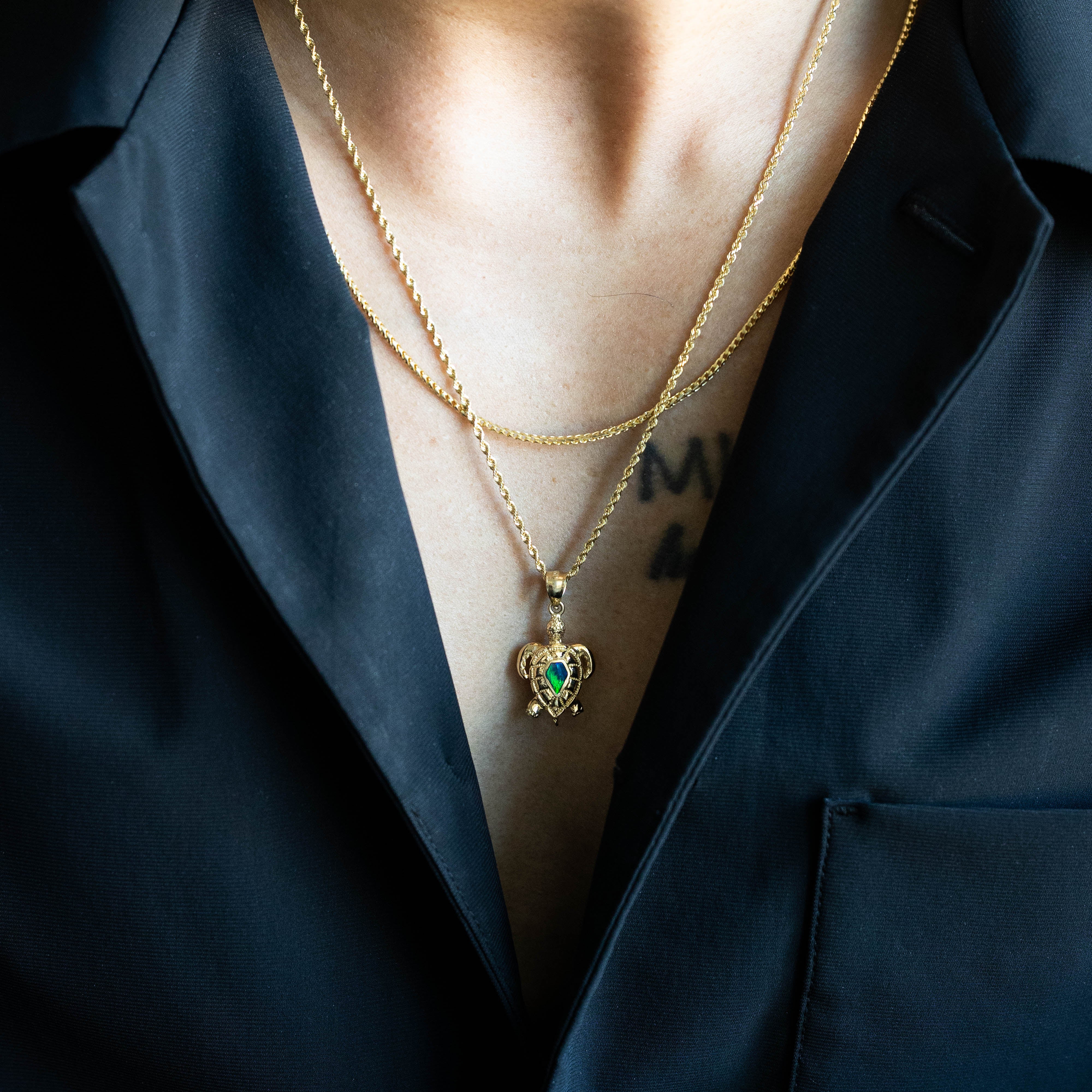 14K Gold Polished Turtle Pendant with Created Blue Opal Inlay