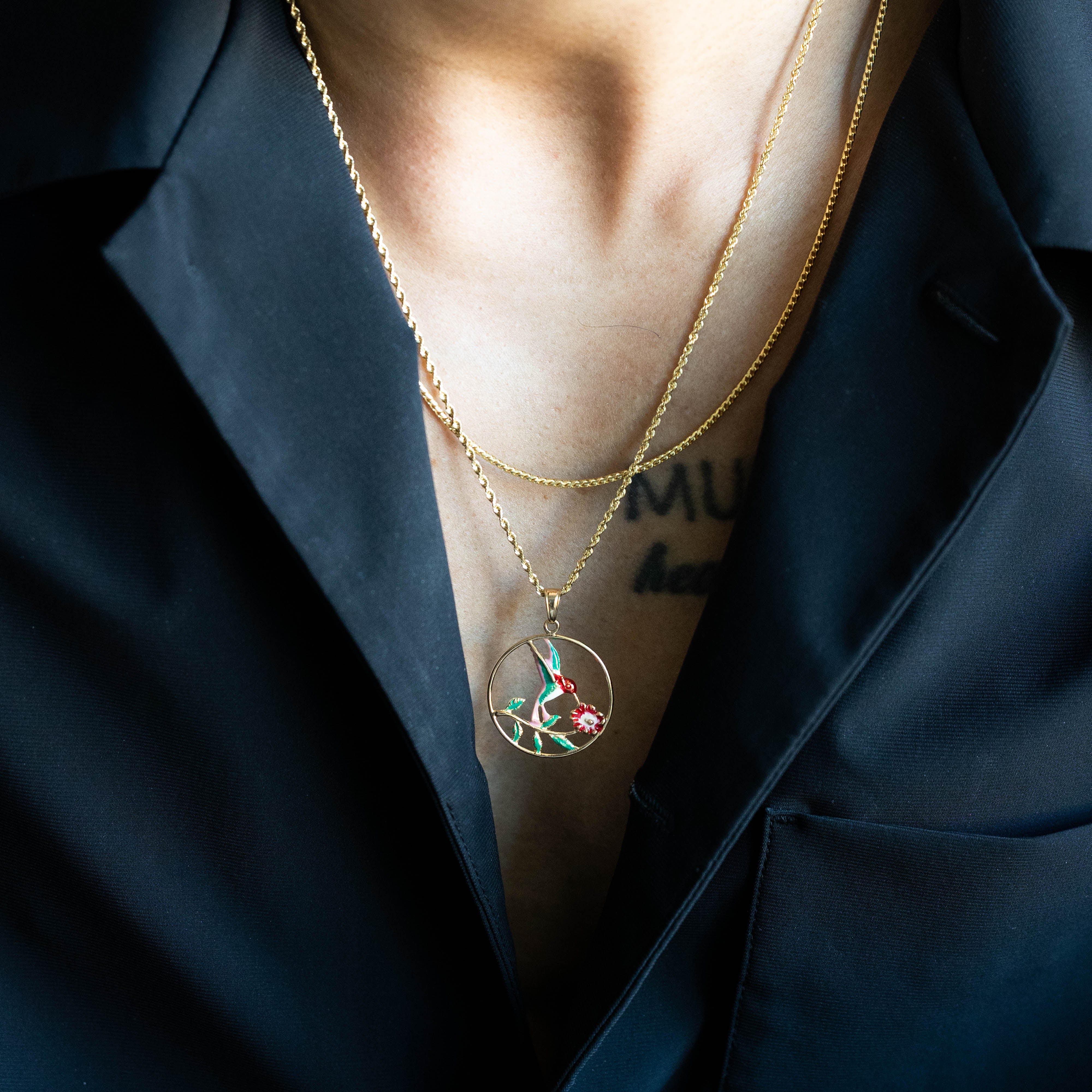 14K Gold Hummingbird With Flower Enamel Pendant - Model K4221