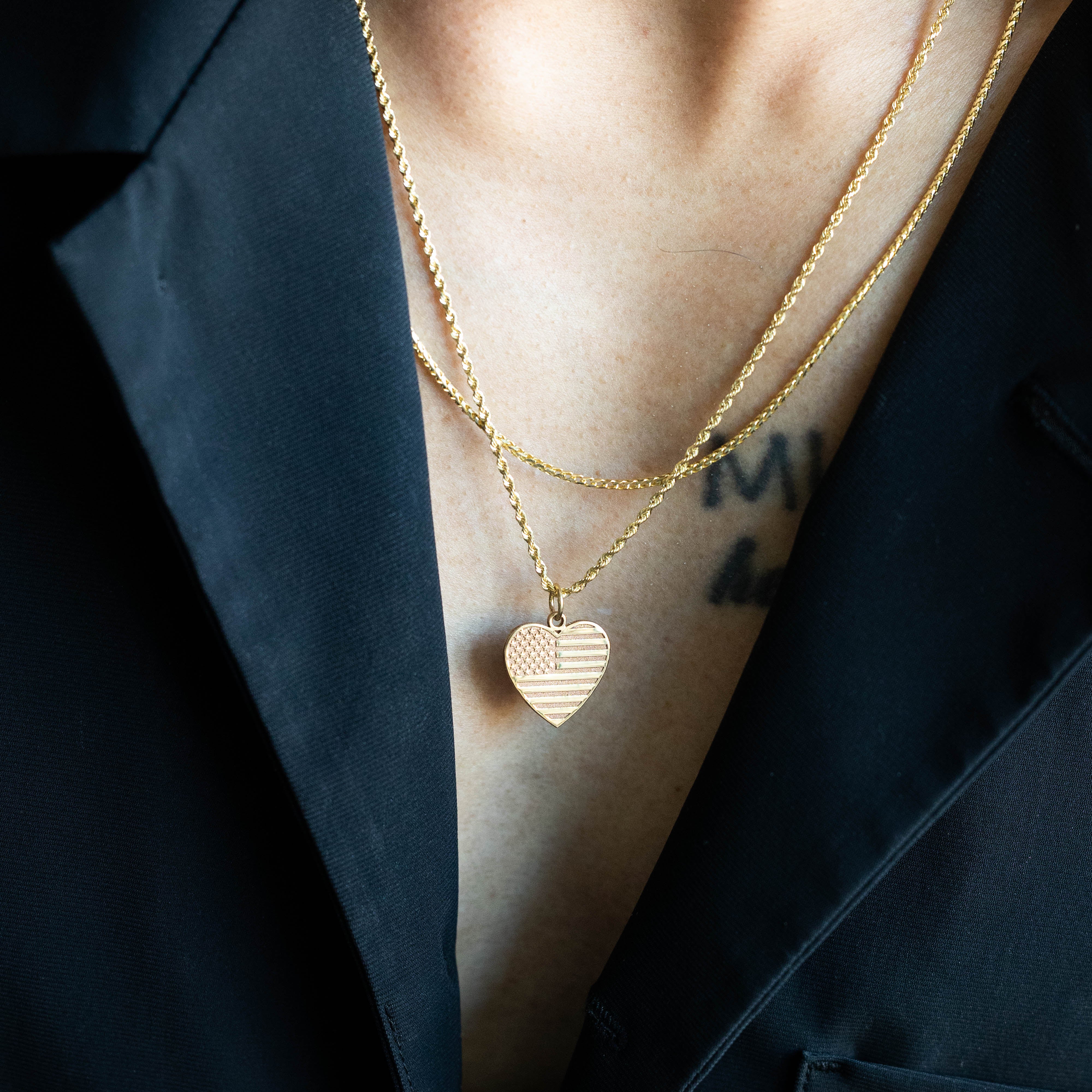 14K Gold American Flag Heart Pendant - Model C1798 - Charlie & Co. Jewelry