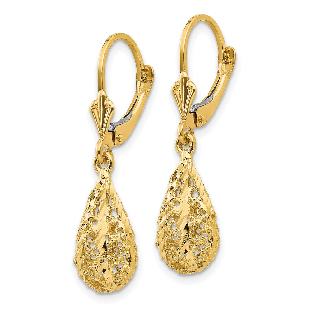 Gold Polished Diamond-Cut Filigree Dangle Tear Drop Leverback Earrings Model-K116 - Charlie & Co. Jewelry