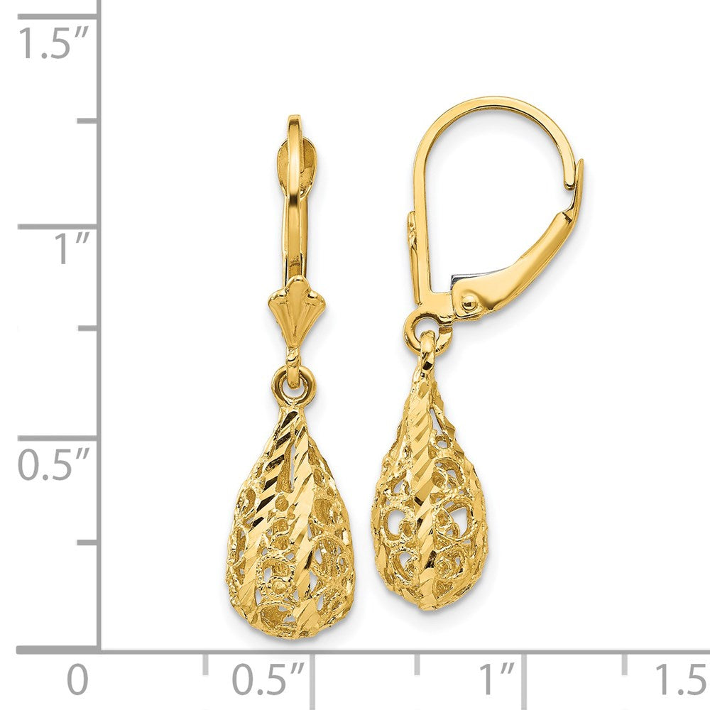 Gold Polished Diamond-Cut Filigree Dangle Tear Drop Leverback Earrings Model-K116 - Charlie & Co. Jewelry