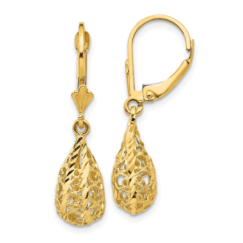 Gold Polished Diamond-Cut Filigree Dangle Tear Drop Leverback Earrings Model-K116 - Charlie & Co. Jewelry