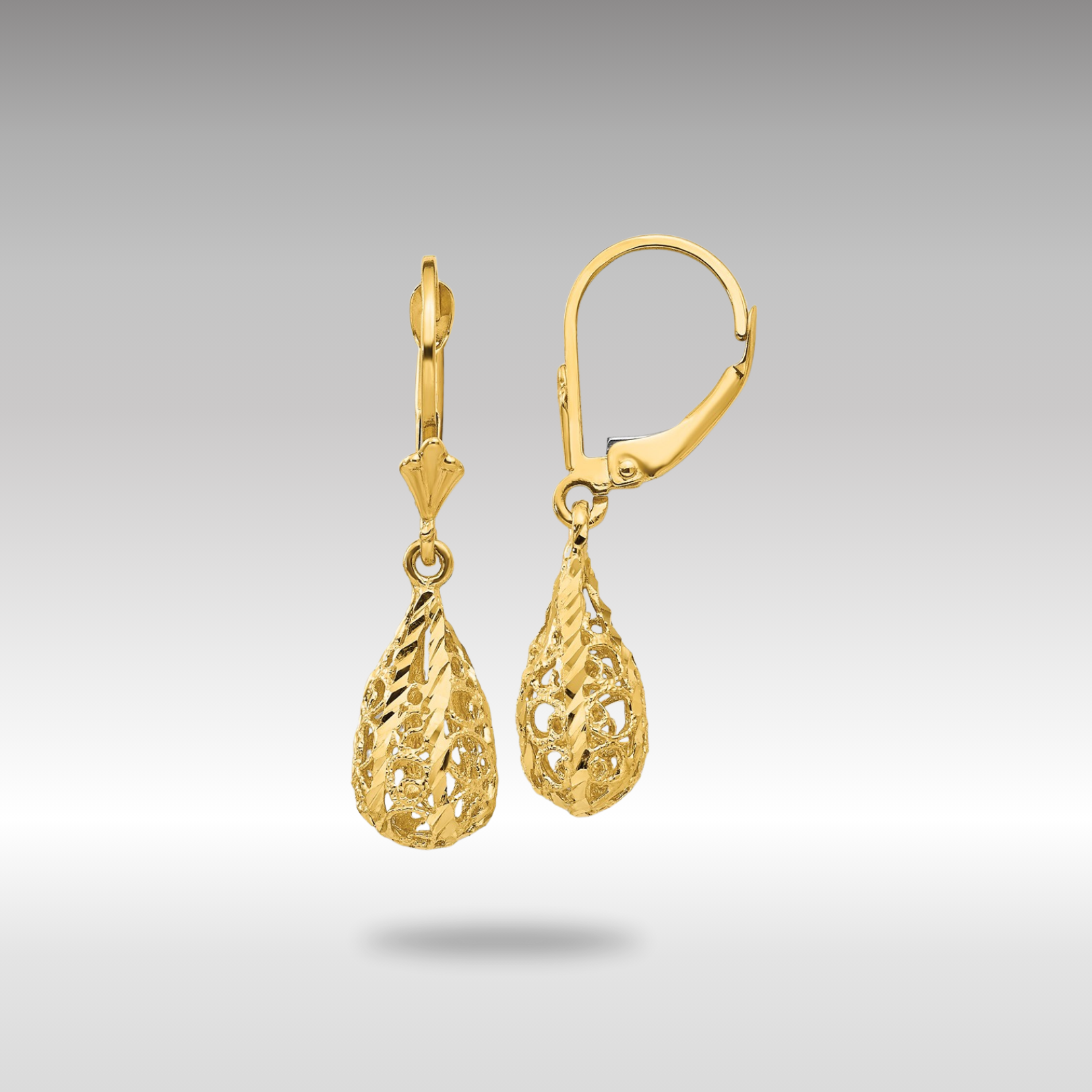 Gold Polished Diamond-Cut Filigree Dangle Tear Drop Leverback Earrings Model-K116 - Charlie & Co. Jewelry