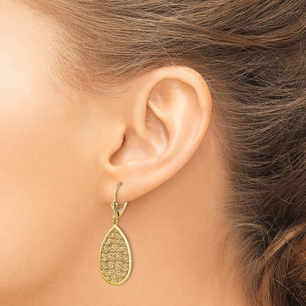 Gold Teardrop Filigree Dangle Leverback Earrings - Model K1394 - Charlie & Co. Jewelry