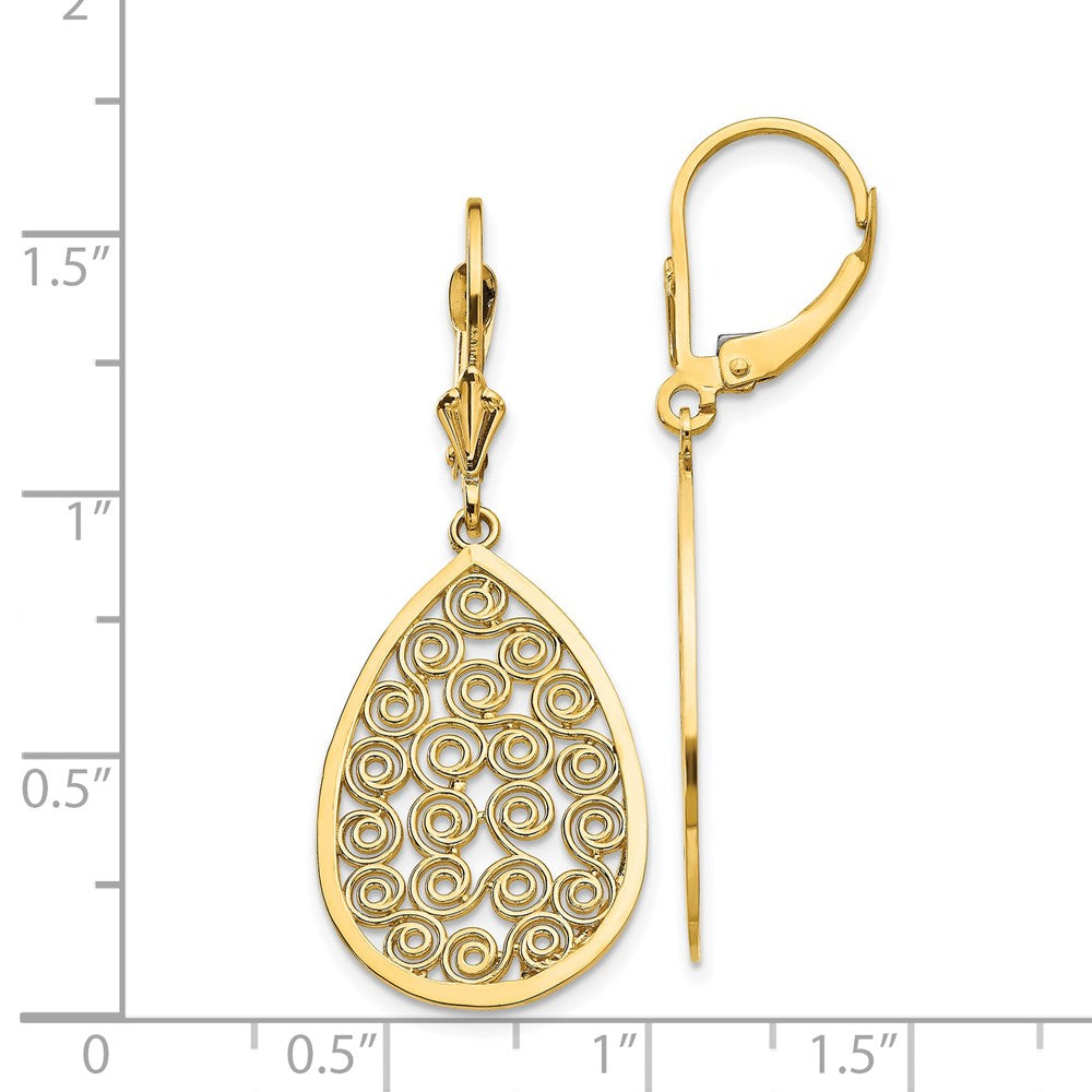 Gold Teardrop Filigree Dangle Leverback Earrings - Model K1394 - Charlie & Co. Jewelry