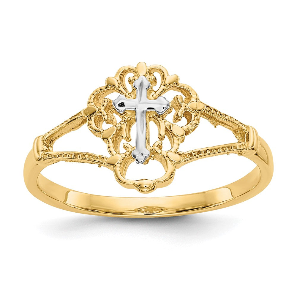 Yellow and White Gold Diamond Cut Cross Ring Model-K3939 - Charlie & Co. Jewelry