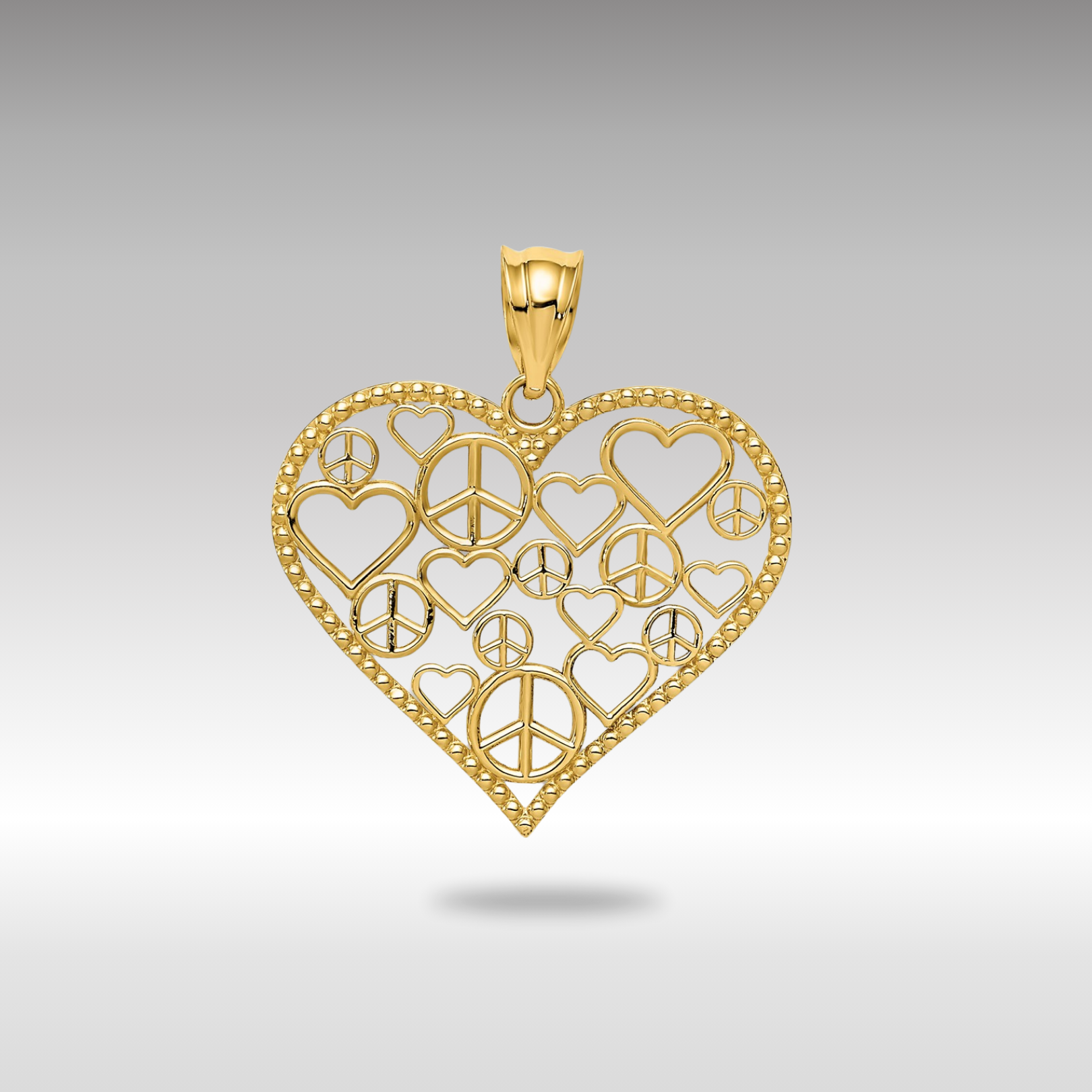 Gold Polished Hearts and Peace Signs in Heart Pendant Necklace - Model K3991 - Charlie & Co. Jewelry