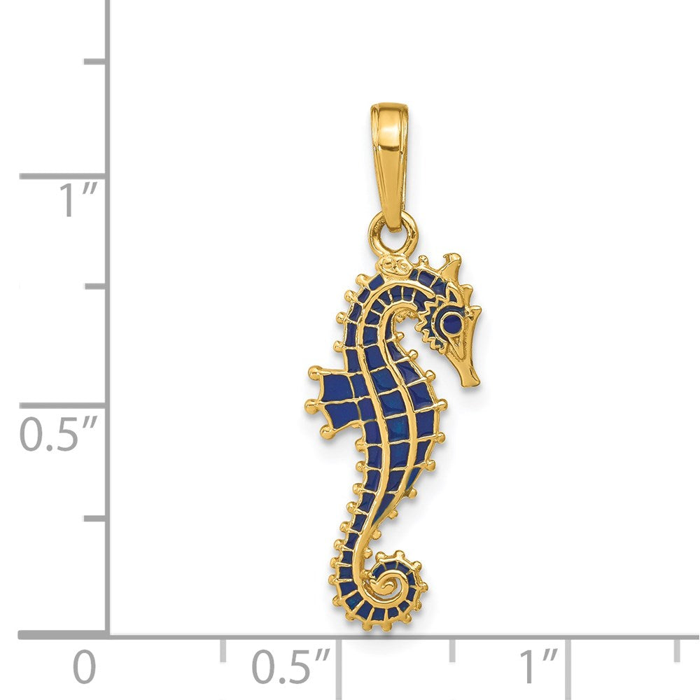 14K Gold 3D Blue Enameled Seahorse Pendant - Charlie & Co. Jewelry