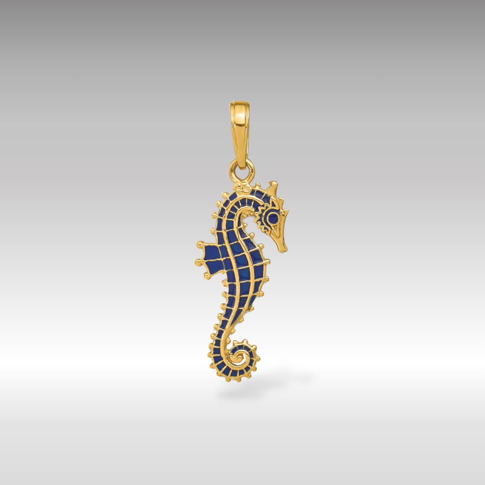 14K Gold 3D Blue Enameled Seahorse Pendant - Charlie & Co. Jewelry