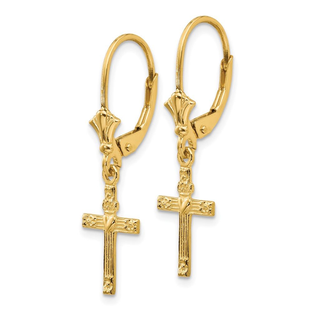 Gold Mini Cross with Heart Leverback Earrings Model-K4531 - Charlie & Co. Jewelry