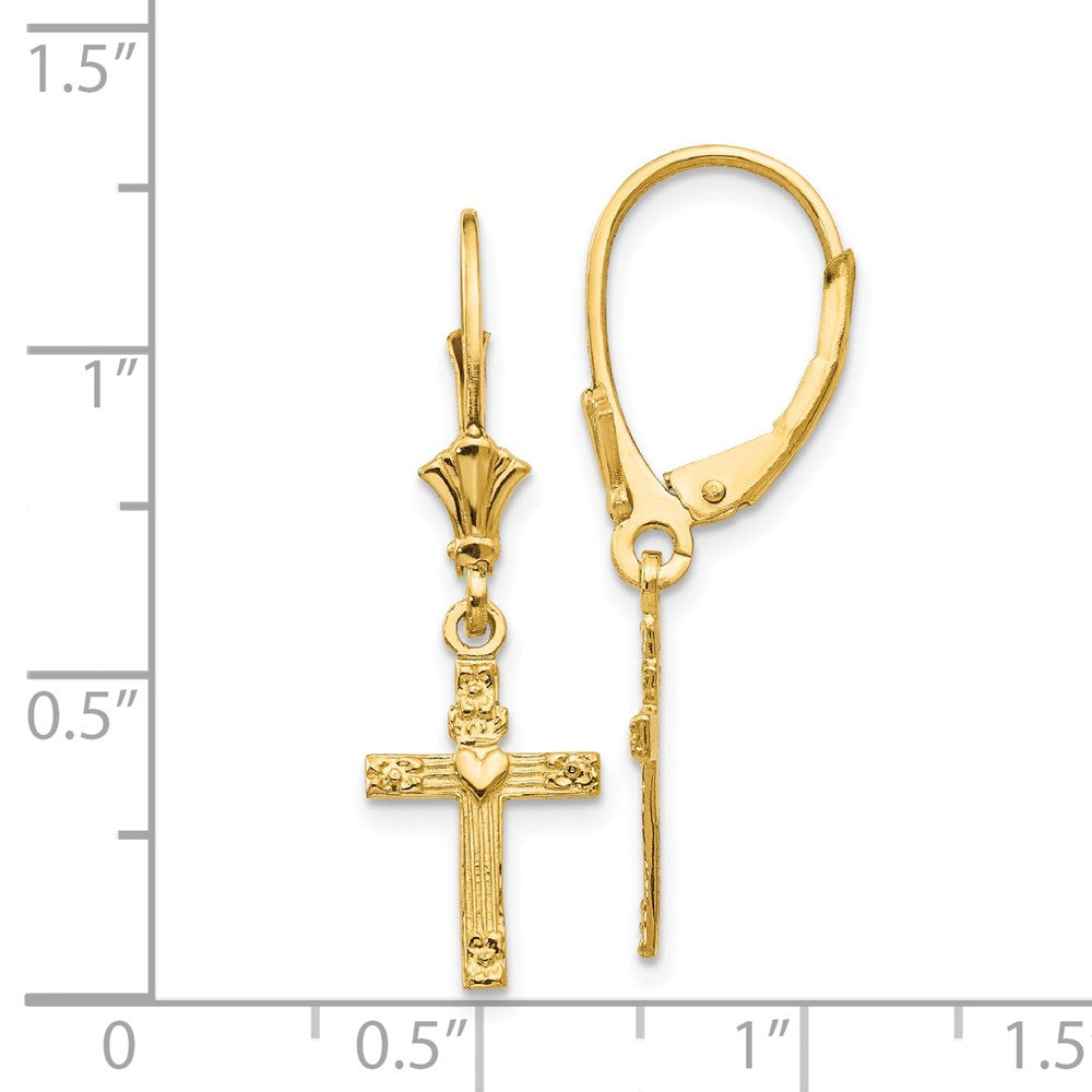 Gold Mini Cross with Heart Leverback Earrings Model-K4531 - Charlie & Co. Jewelry