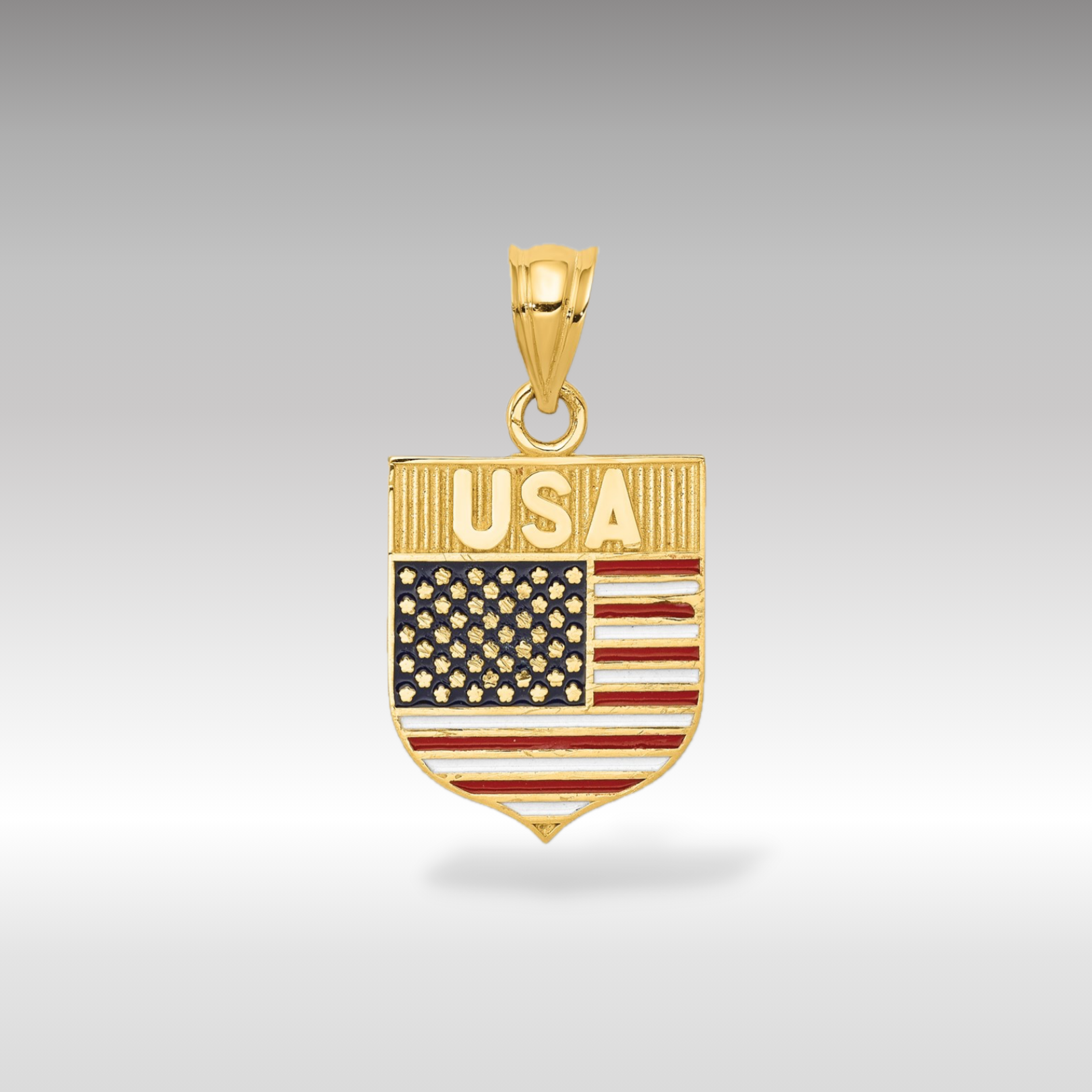 14K Gold Enameled USA Flag Shield Pendant - Charlie & Co. Jewelry