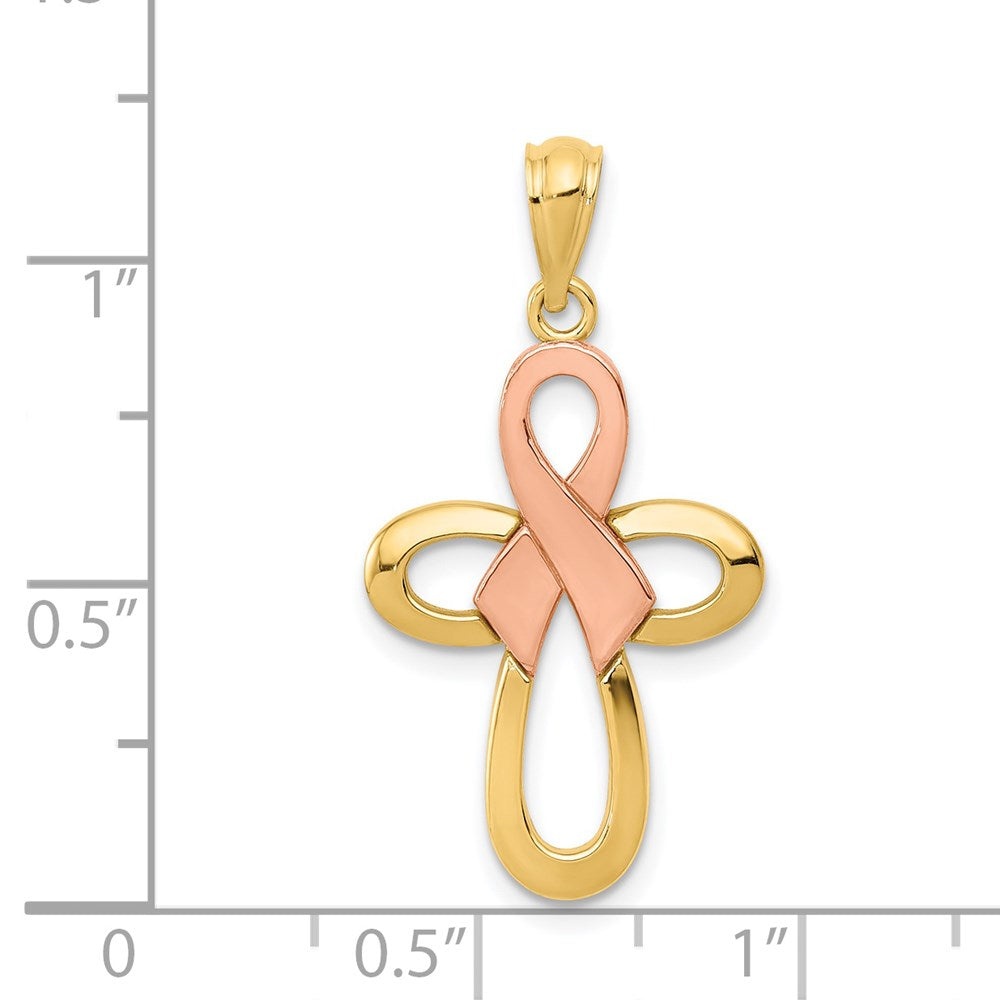 14K Two-Tone Polished Pink Ribbon Cross Necklace Pendant - Charlie & Co. Jewelry