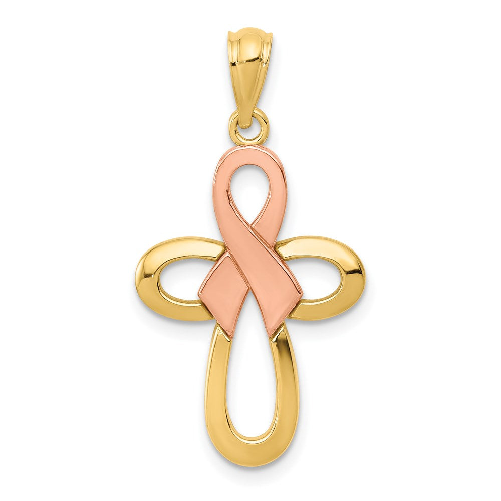 14K Two-Tone Polished Pink Ribbon Cross Necklace Pendant - Charlie & Co. Jewelry