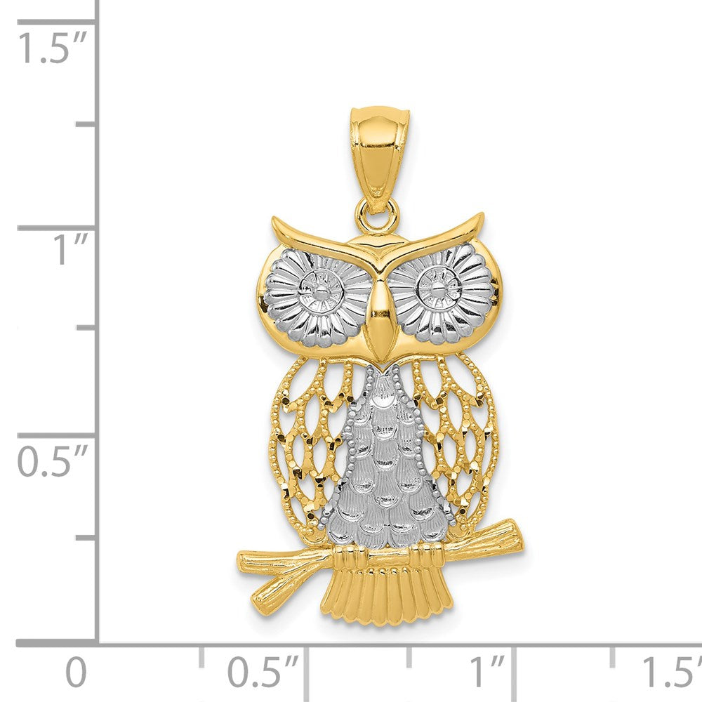 Yellow Gold and White Gold Moveable Owl Pendant Necklace Model-K5979 - Charlie & Co. Jewelry