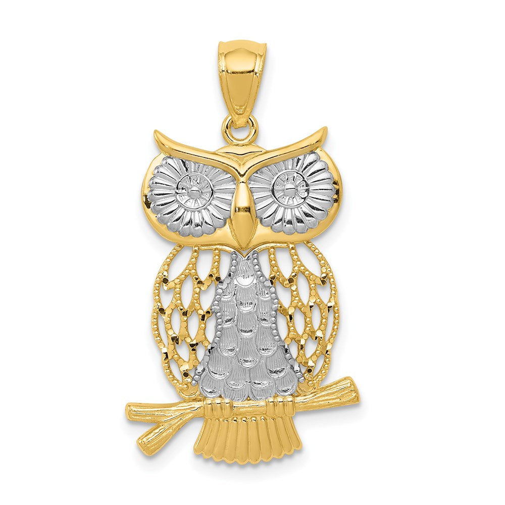 Yellow Gold and White Gold Moveable Owl Pendant Necklace Model-K5979 - Charlie & Co. Jewelry