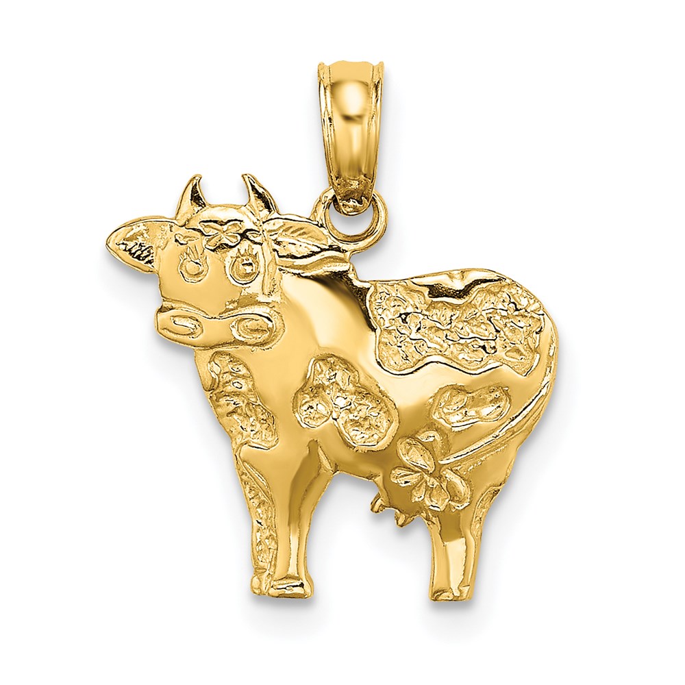 14K Gold Polished Playful Cow Necklace Pendant - Charlie & Co. Jewelry