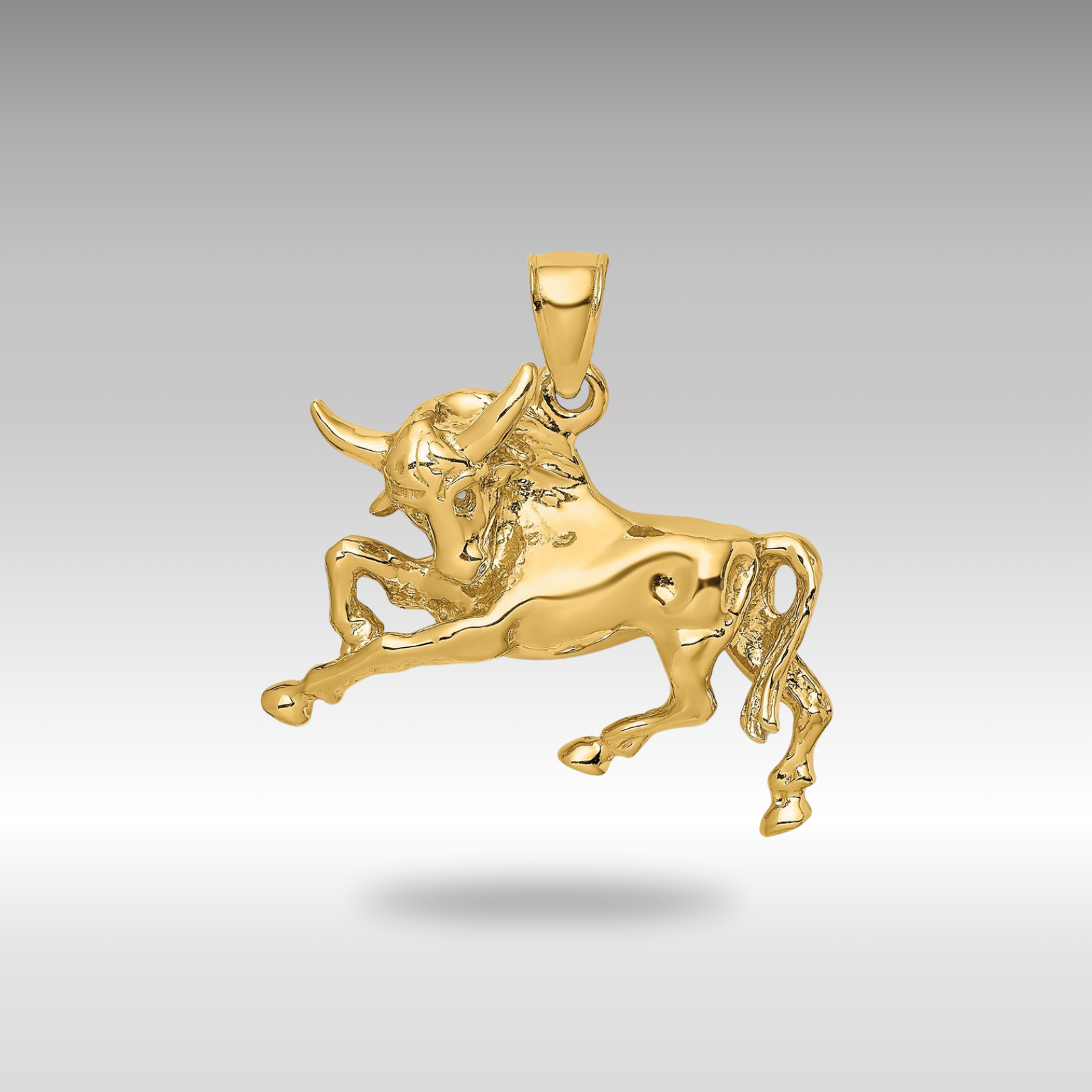 Gold Large Polished Raging Bull with Horns Charm Necklace - Model K6491 - Charlie & Co. Jewelry
