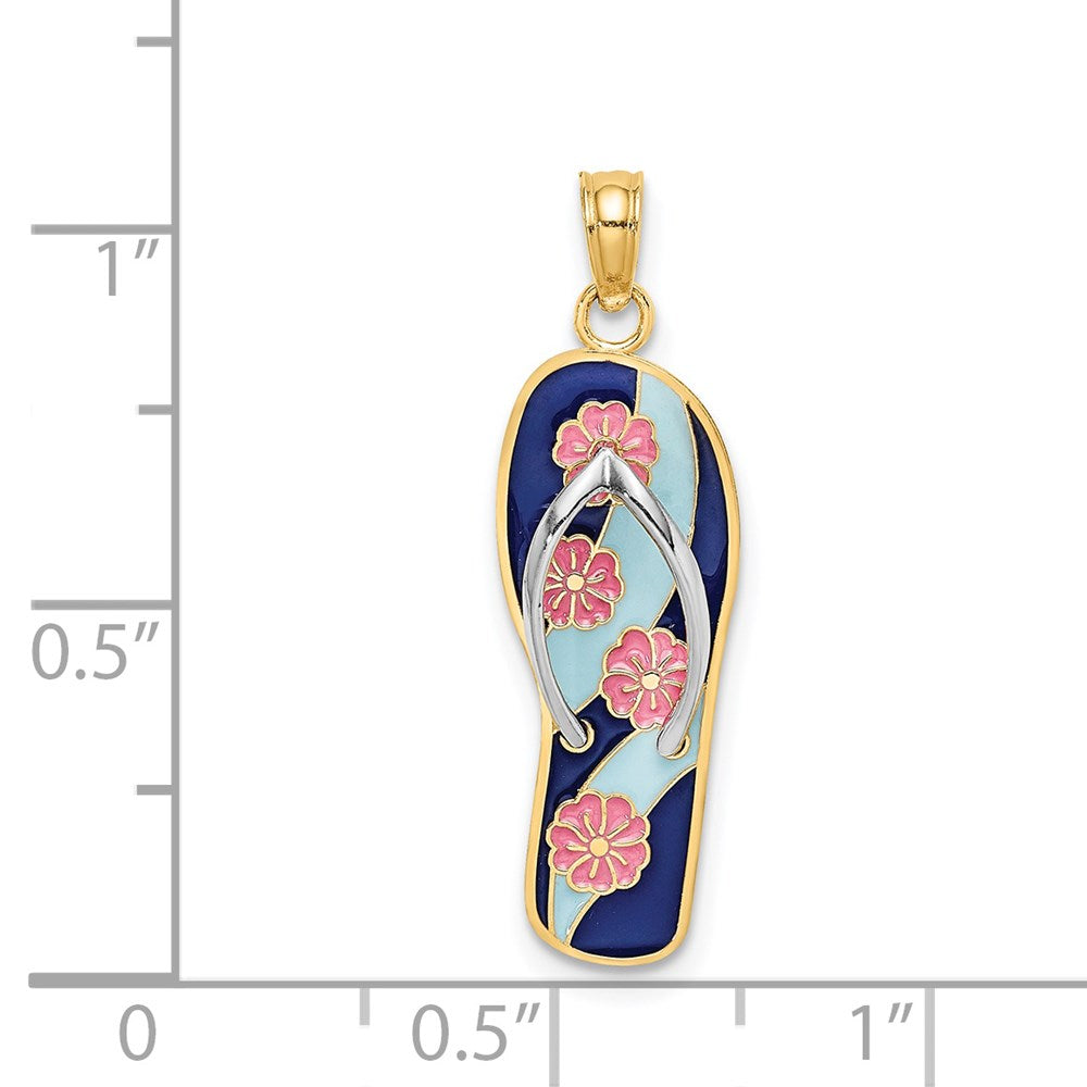 14K Gold 3D Pink Flowers on Blue Stripes Flip-Flop Pendant - Charlie & Co. Jewelry