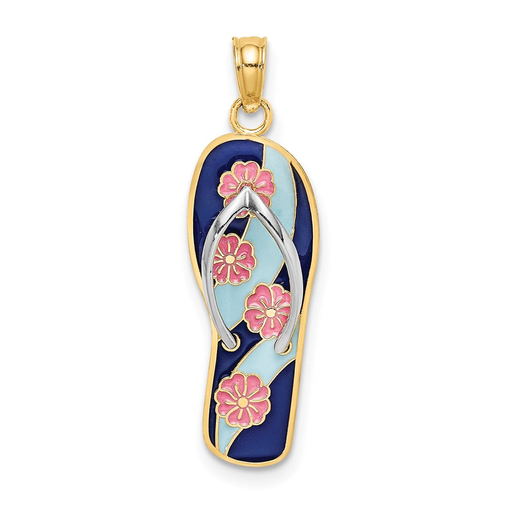 14K Gold 3D Pink Flowers on Blue Stripes Flip-Flop Pendant - Charlie & Co. Jewelry