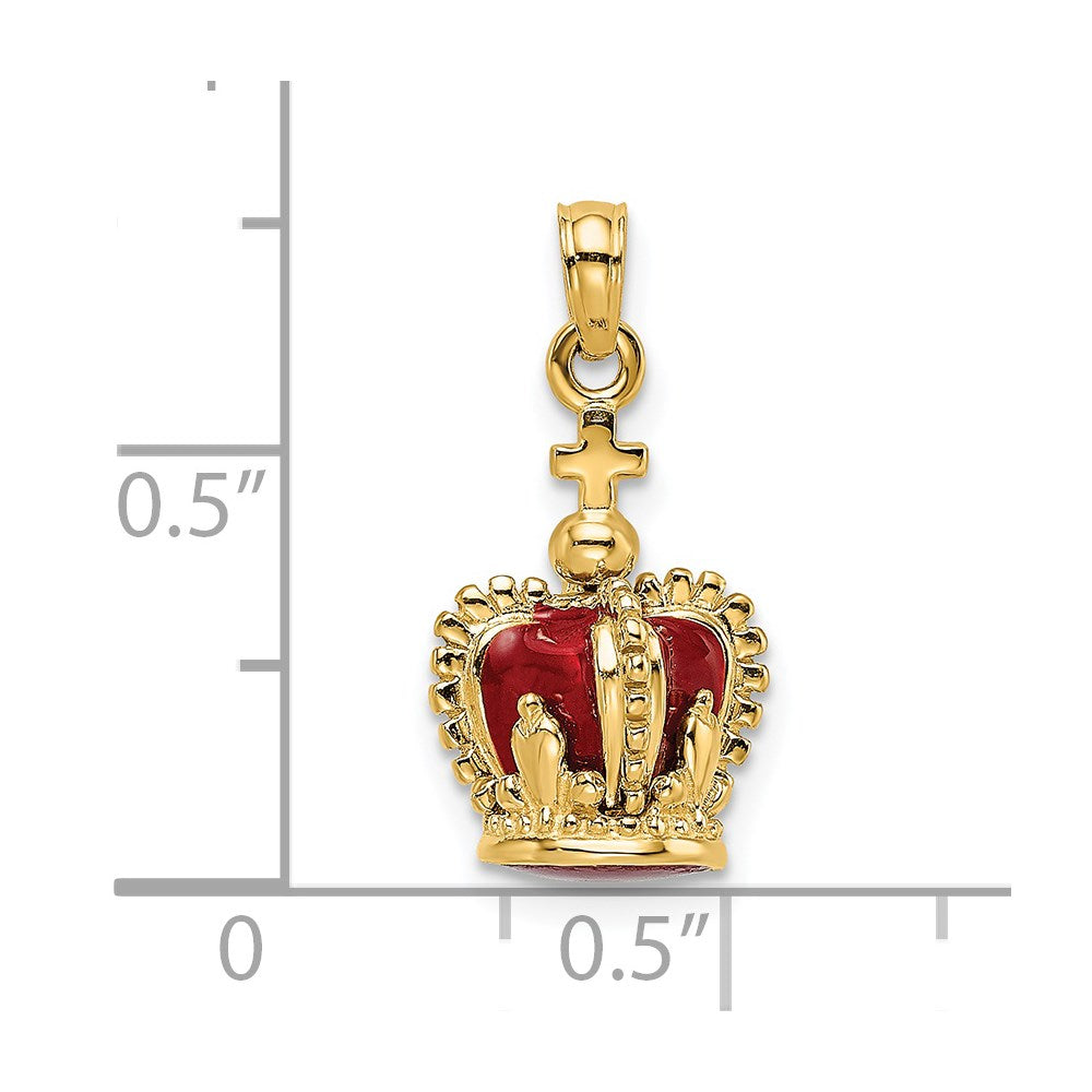 14K Gold 3D Crown Pendant with Red Enamel and Cross - Charlie & Co. Jewelry