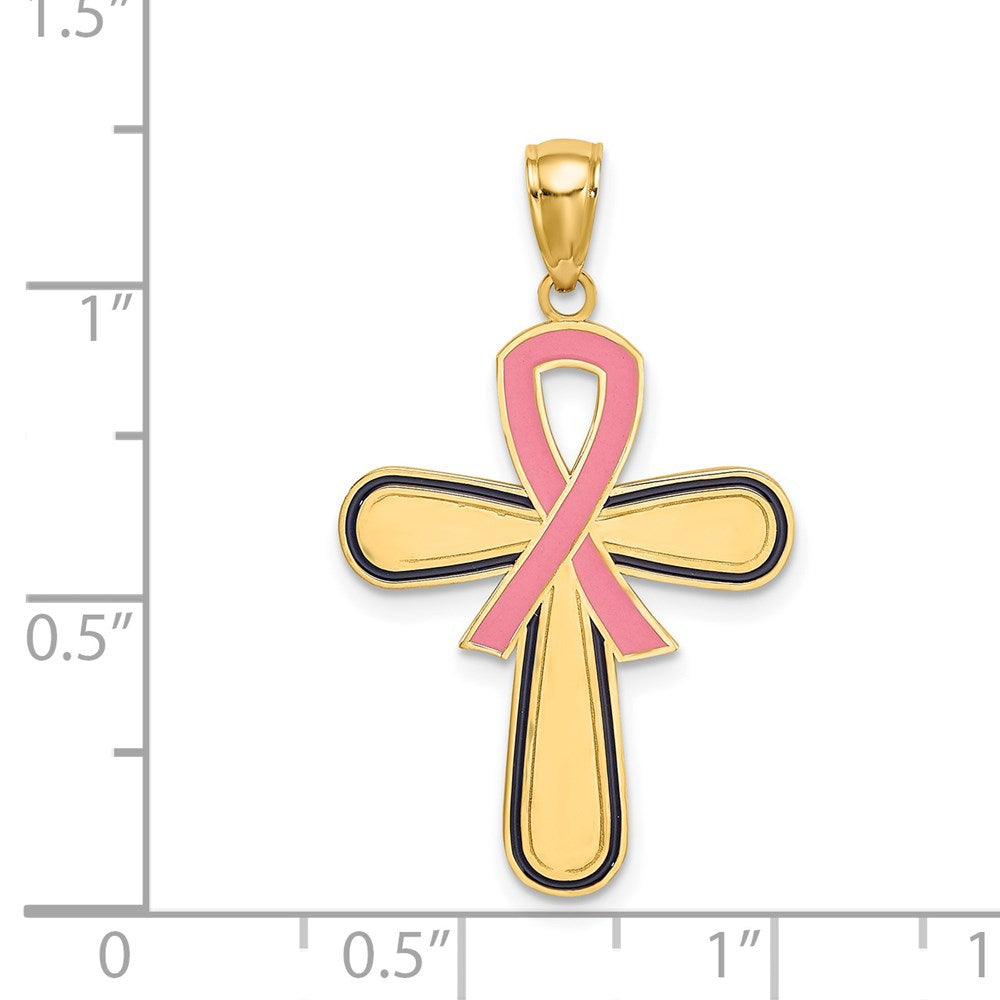 14K Gold Enamel Pink Ribbon Breast Cancer Cross Necklace Pendant - Charlie & Co. Jewelry