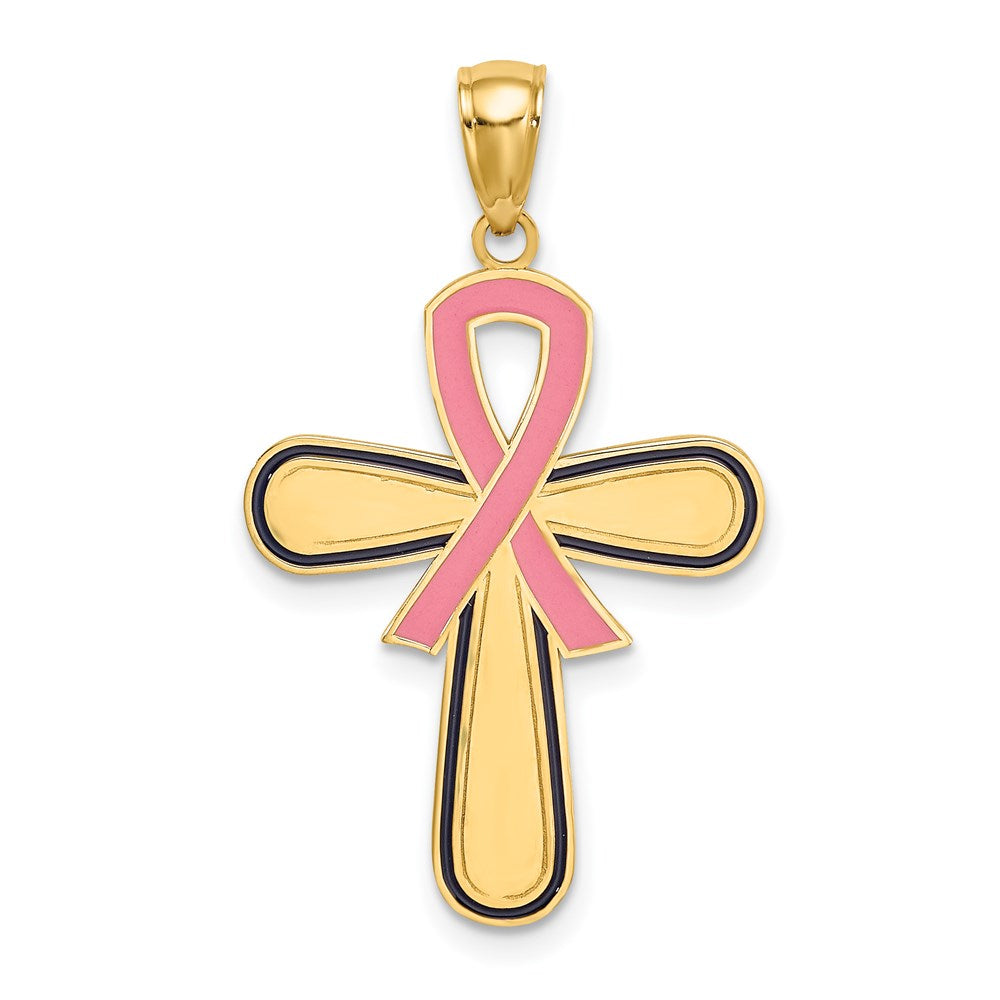 14K Gold Enamel Pink Ribbon Breast Cancer Cross Necklace Pendant - Charlie & Co. Jewelry